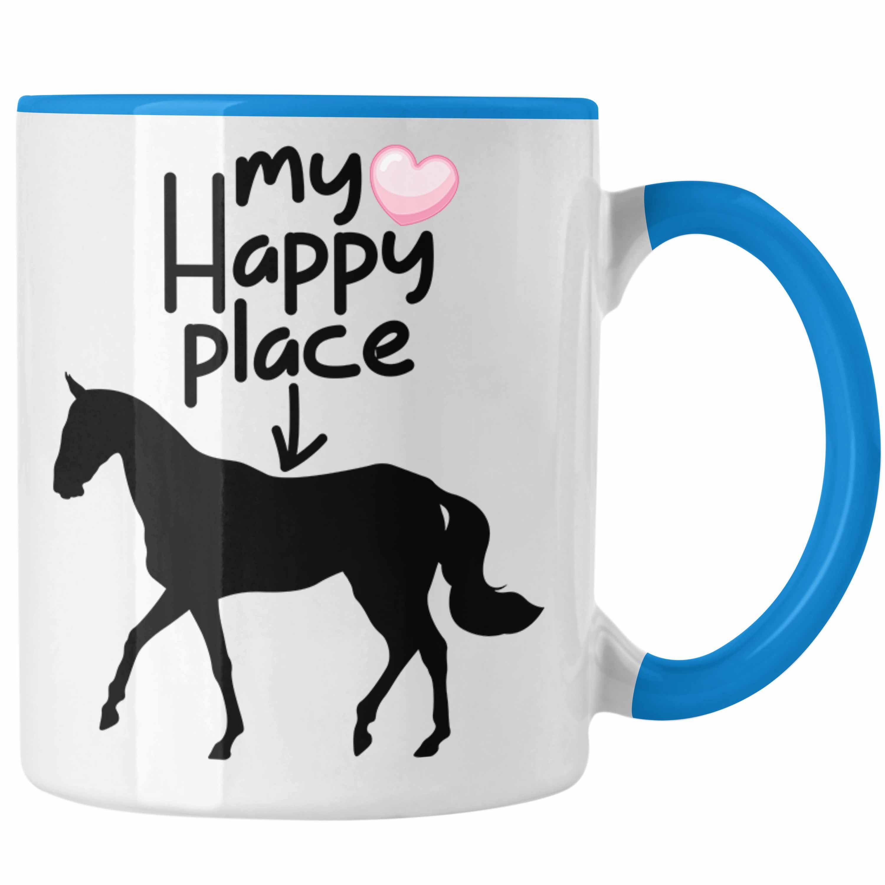 Trendation Tasse "My Happy Place" Tasse für Reiterinnen Lustige Geschenkidee für Pferde Blau