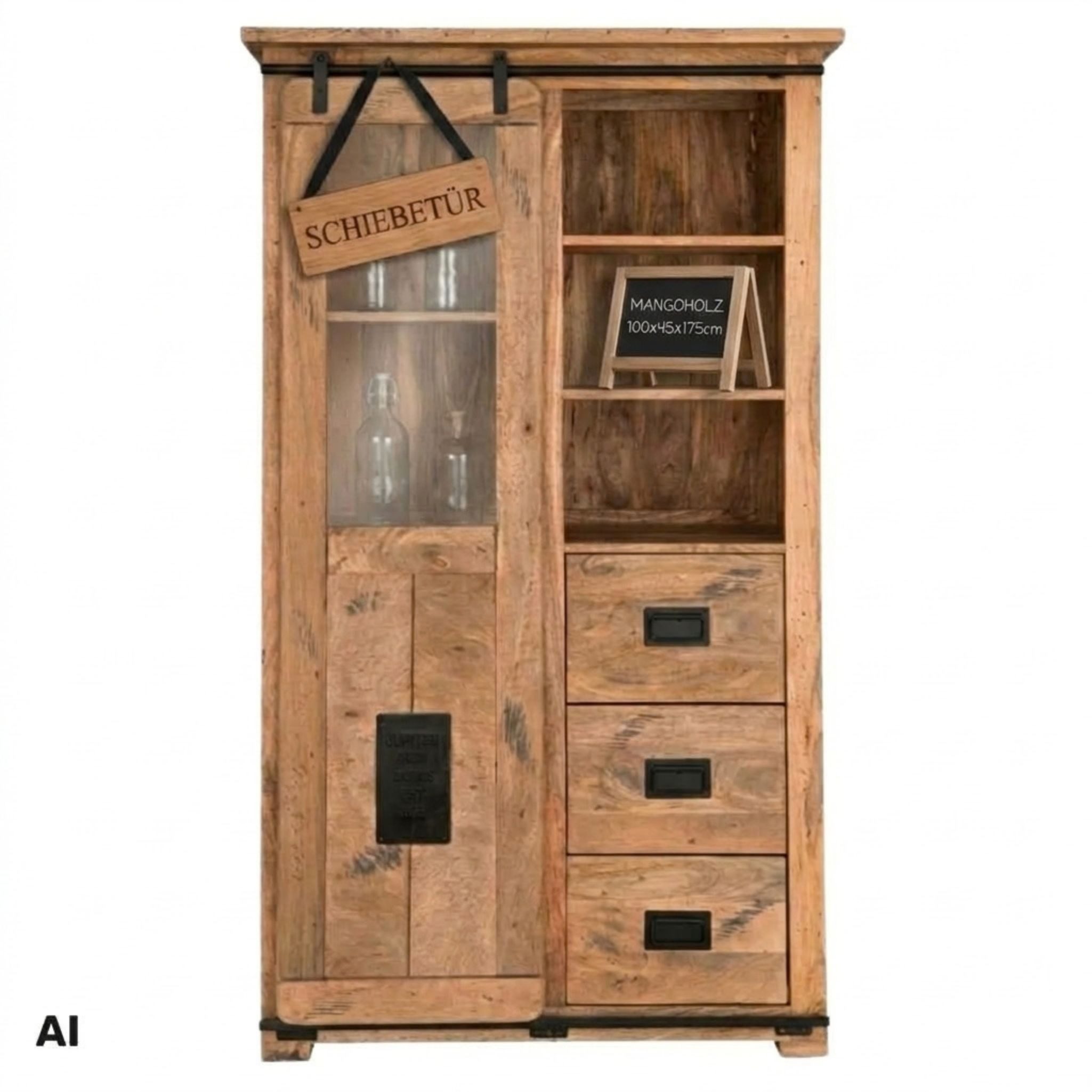 MR.DEKO Kommode Florenz Mangoholz Hochschrank 100 x 45 x175 cm (Vitrine aus Holz, passende Möbel erhältlich), 3 Schubladen, 1 Schiebetür, Fächer, Vintage mit Metallrahmen