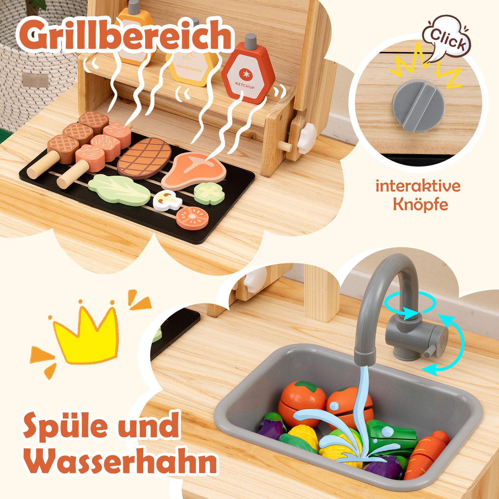 KOMFOTTEU Kinder-Grill, Matschküche Kinder mit Tafel, für Kinder ab 3 Jahren