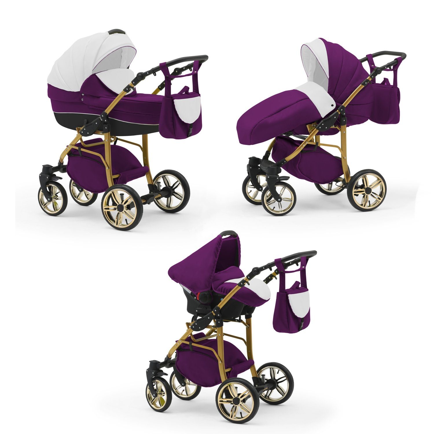 babies-on-wheels Kombi-Kinderwagen 3 in 1 Kinderwagen-Set Cosmo ECO Gold - 16 Teile - in 46 Farben Weiß-Lila-Schwarz
