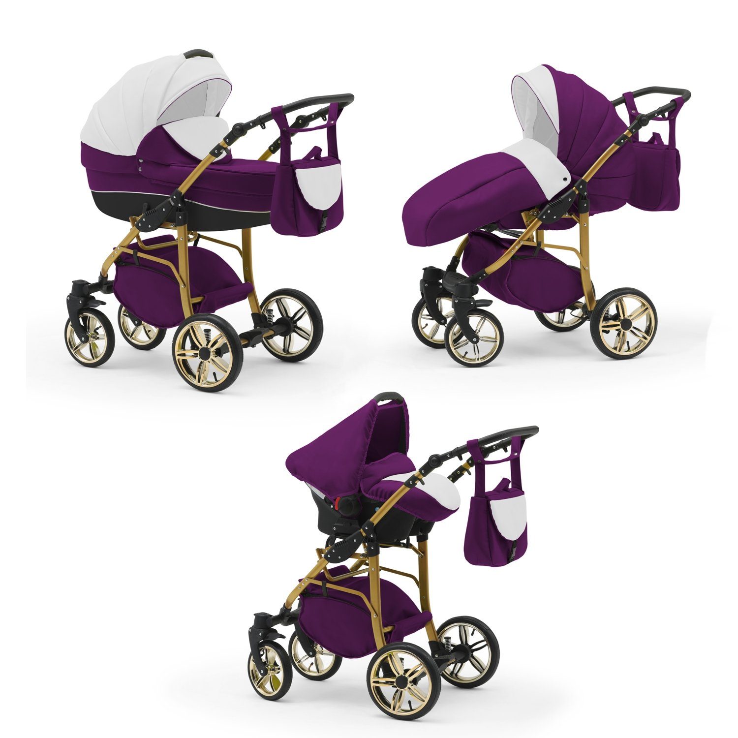 BabyMerc Kombi-Kinderwagen Neo Gold 4 in 1 inkl. Sportsitz, Autositz und Zubehör in 22 Farben