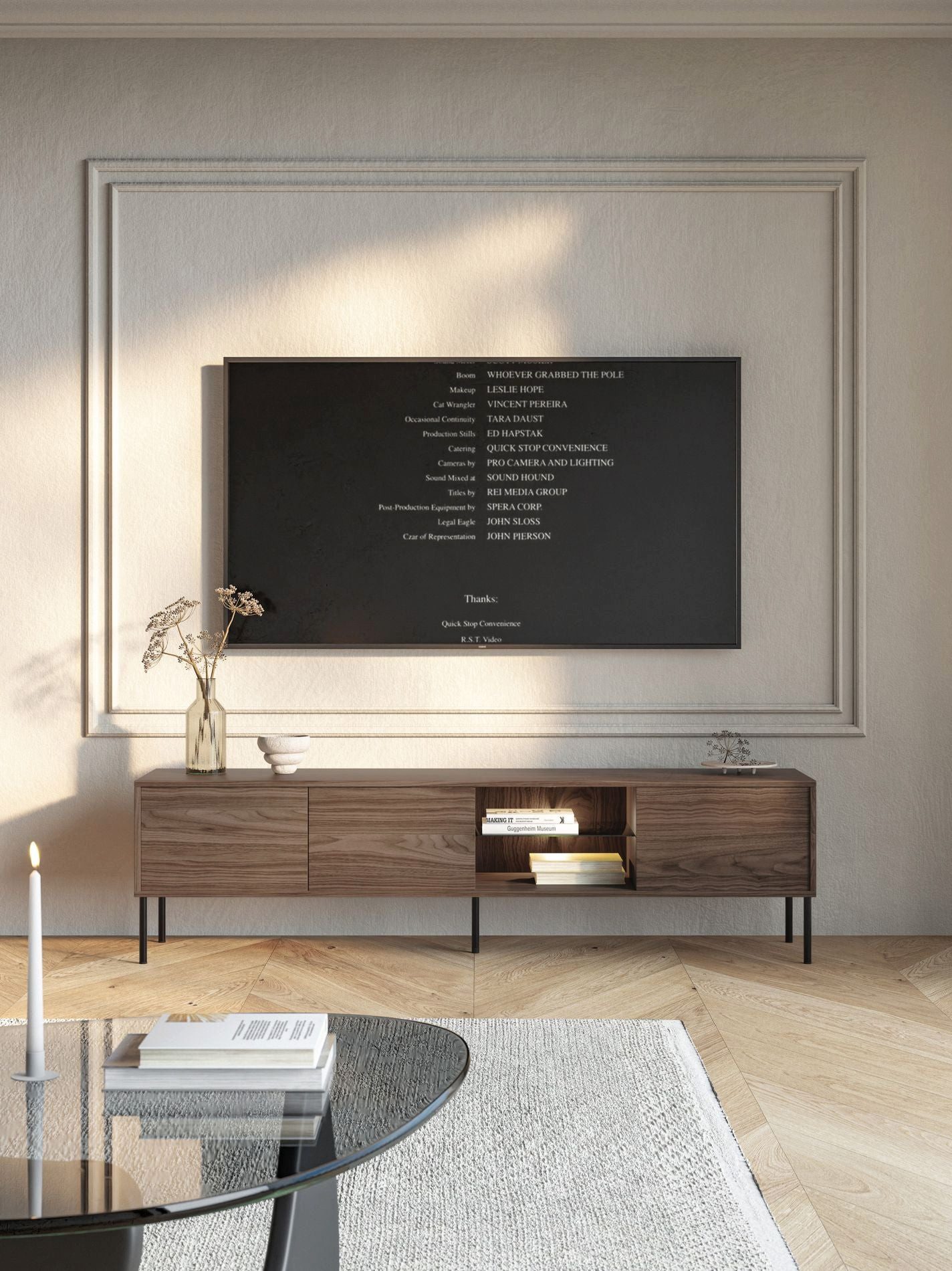 Selsey TV-Schrank MODITY TV-Möbel 3-türig mit Push-to-Open, Glasablage & LED-Licht, 175 cm