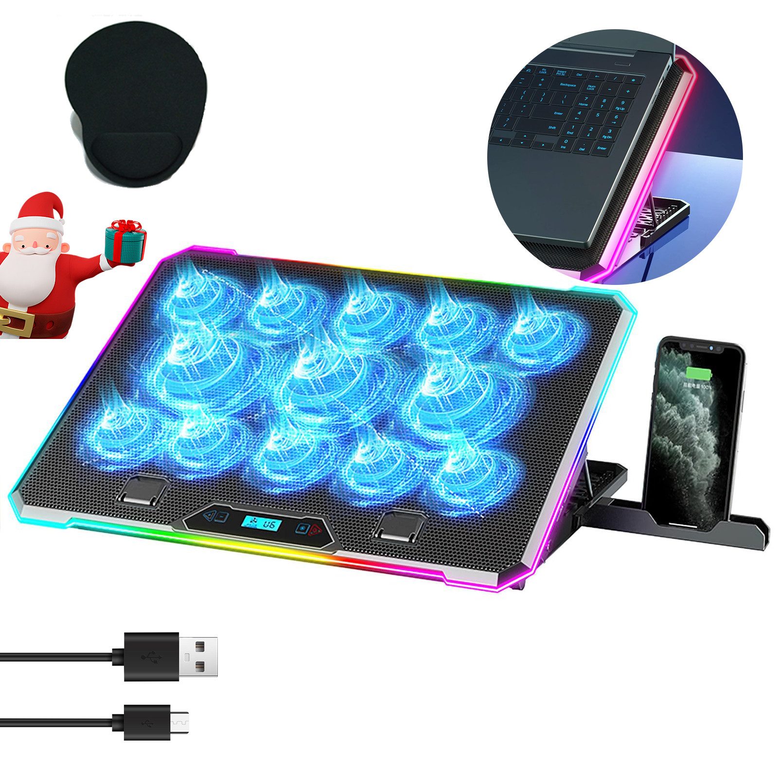 RWEUOQ Notebook-Kühler Notebook Kühler,8-fach höhenverstellbar,10 LED-Modi,13 leise Lüfter, 10 RGB-Modi, einstellbare Höhenwinkel und Lüftergeschwindigkeit