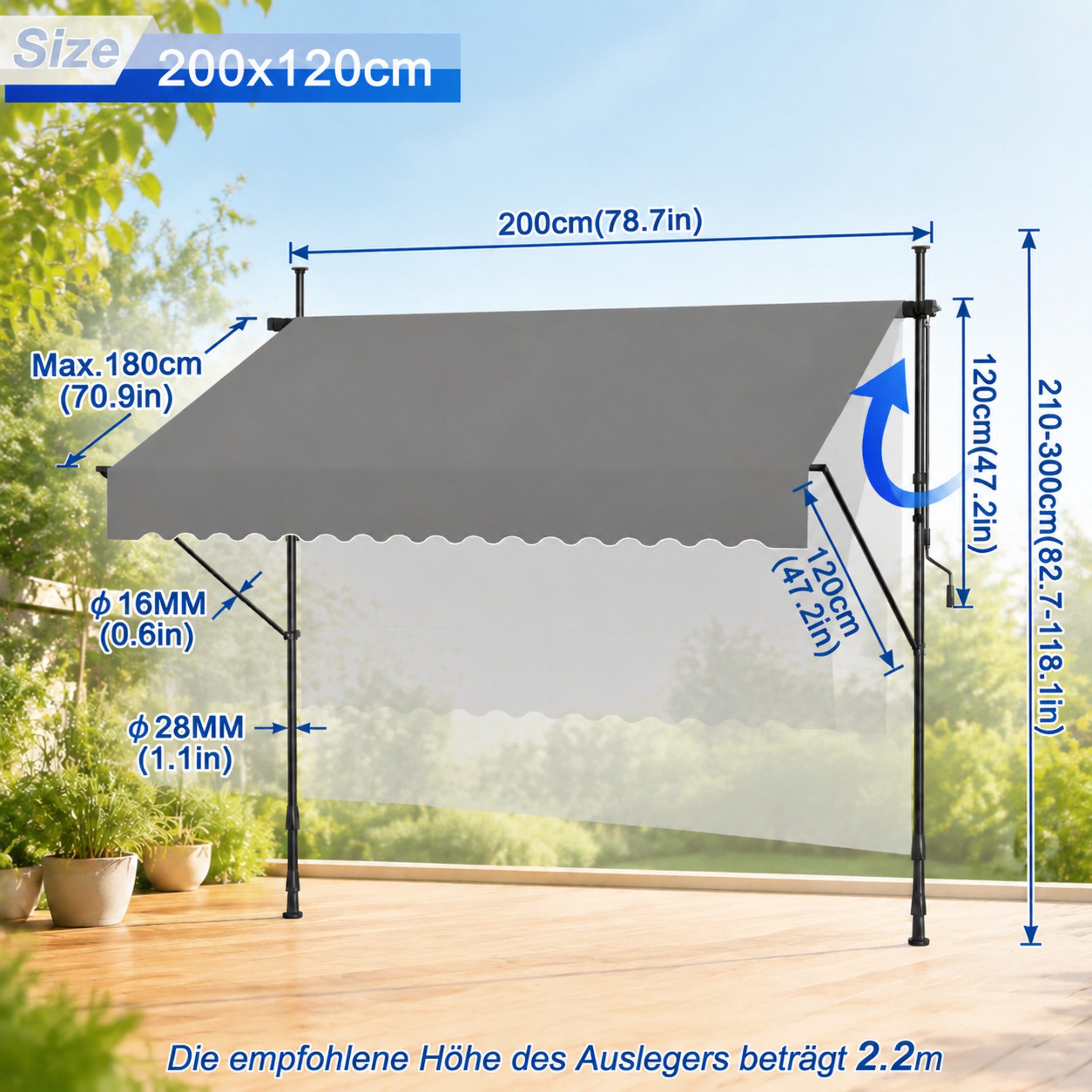 Ferghana Klemmmarkise Klemmmarkise Ohne Bohren, Balkonmarkise Höhenverstellbar (Sonnenschutz Wasserdicht UV-beständig, Sonnenmarkise für Terrasse Balkon Garten) Sichtschutz Markise