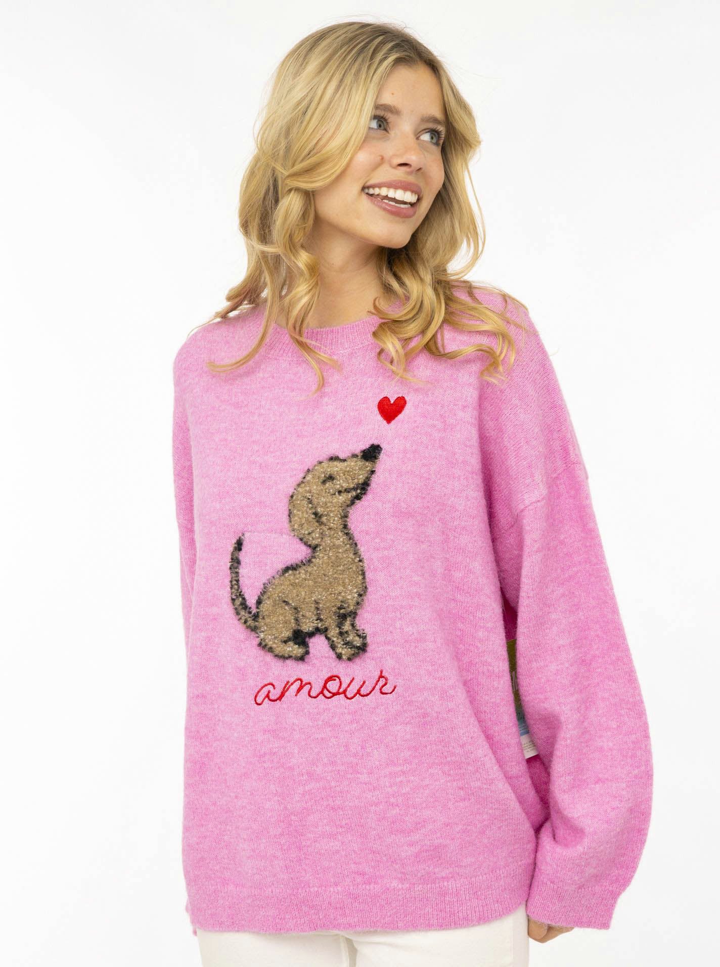 Zwillingsherz Strickpullover "Dog Amour" mit Hundemotiv, Rundhals, oversize, überschnittene Schultern, Strick