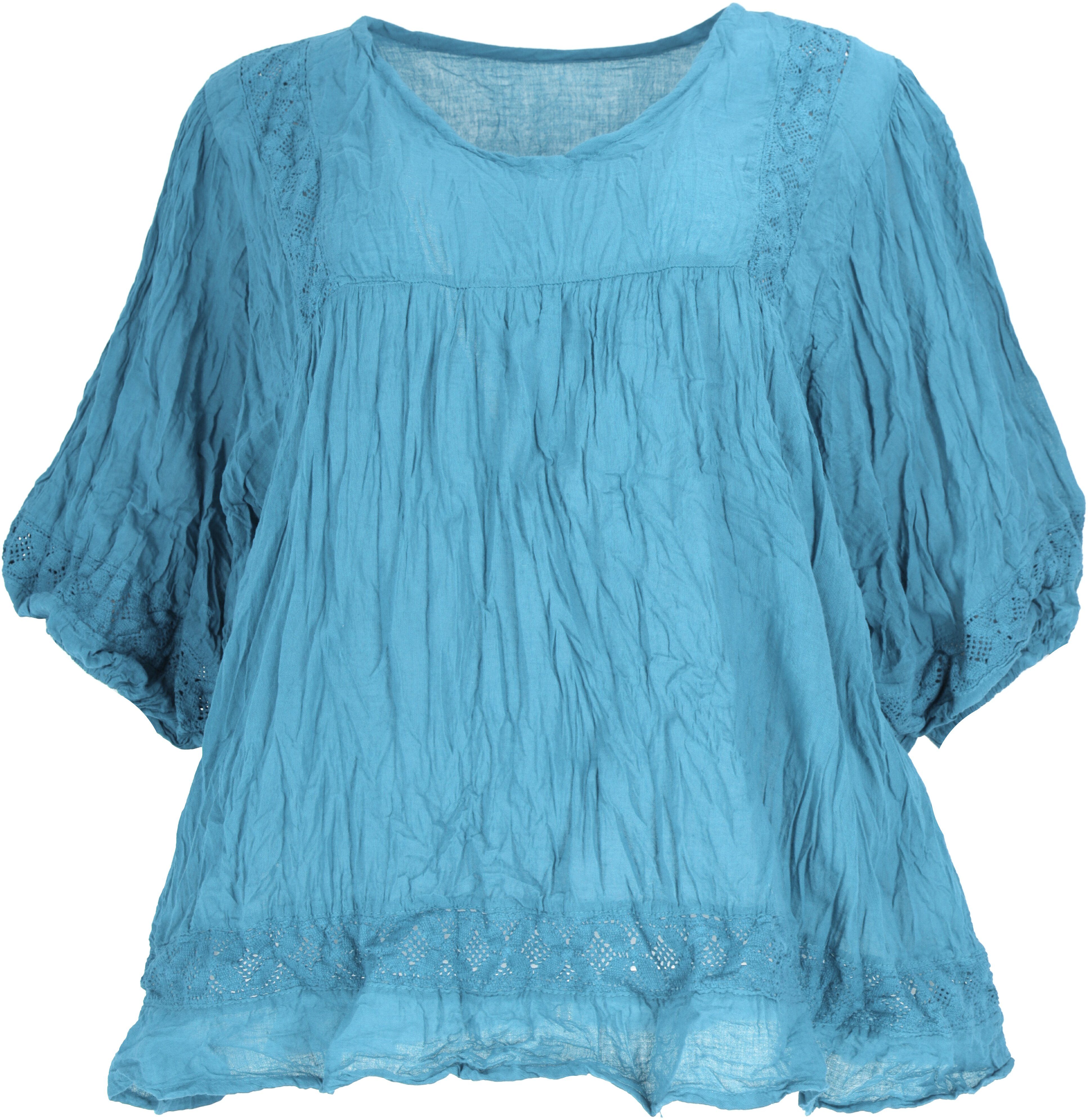 Blusenshirt Bekleidung im.. weites Boho alternative Guru-Shop hellblau Longbluse Krinkelbluse,