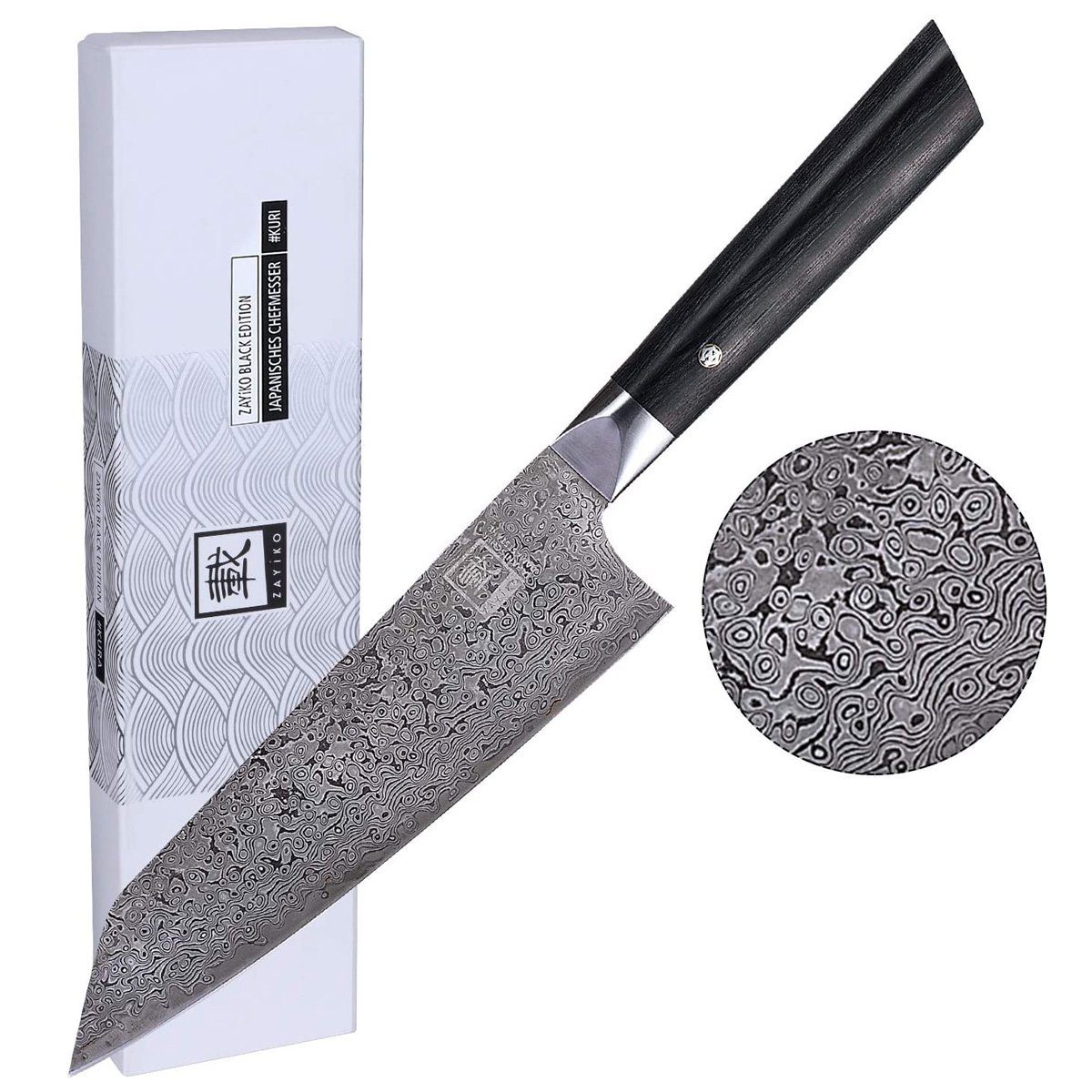 BLACK Japan VG-10 Stahlkern ZAYIKO Pakkaholz EDITION Damastmesser Chefmesser Damastmesser