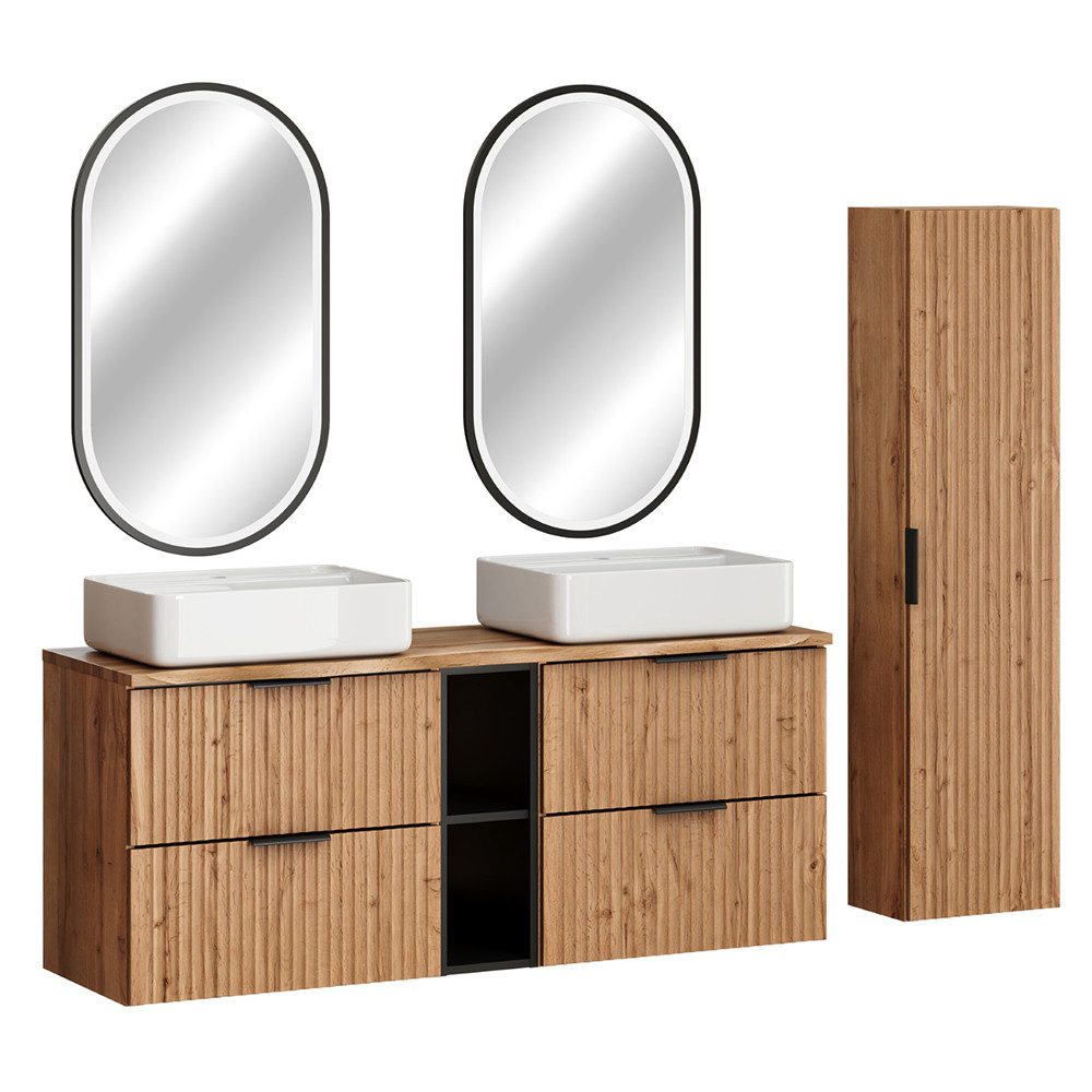 Lomadox Badmöbel-Set ADELAIDE-56, (Spar-Set, 4-St., LED-Spiegel Doppelwaschtisch Hochschrank), in Eiche, gerillte Front, Baumkantenoptik, LED-Beleuchtung