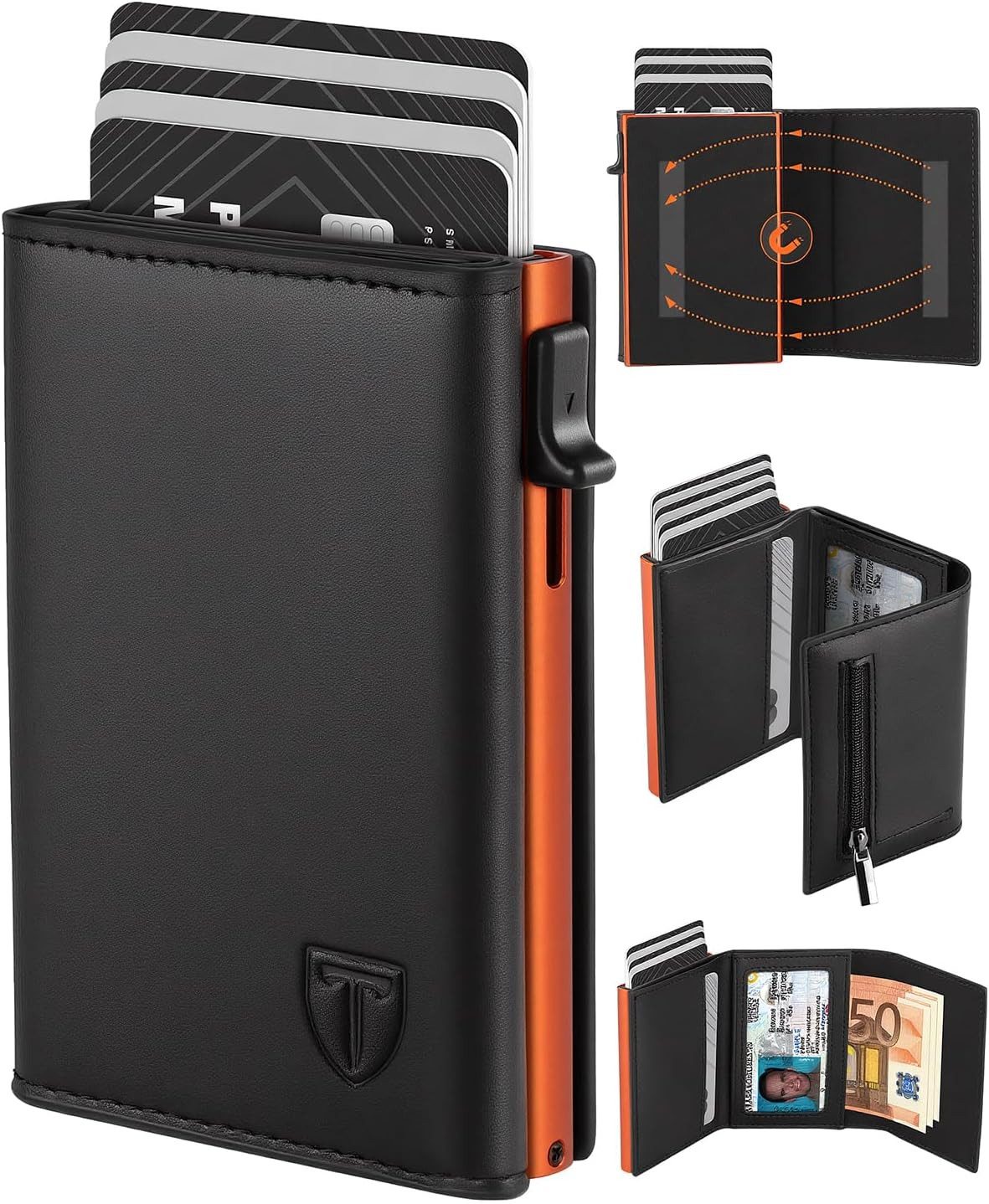 TEEHON Geldbörse Herren mit RFID-Schutz, Portmonee Herren Smart Wallet 3.0 (mit 8 Kartenetui, Geldbeutel ID-Fenster, Münztasche, Kartenhalter), Slim Wallet Wallets for Men (Schwarz Orange Modern)