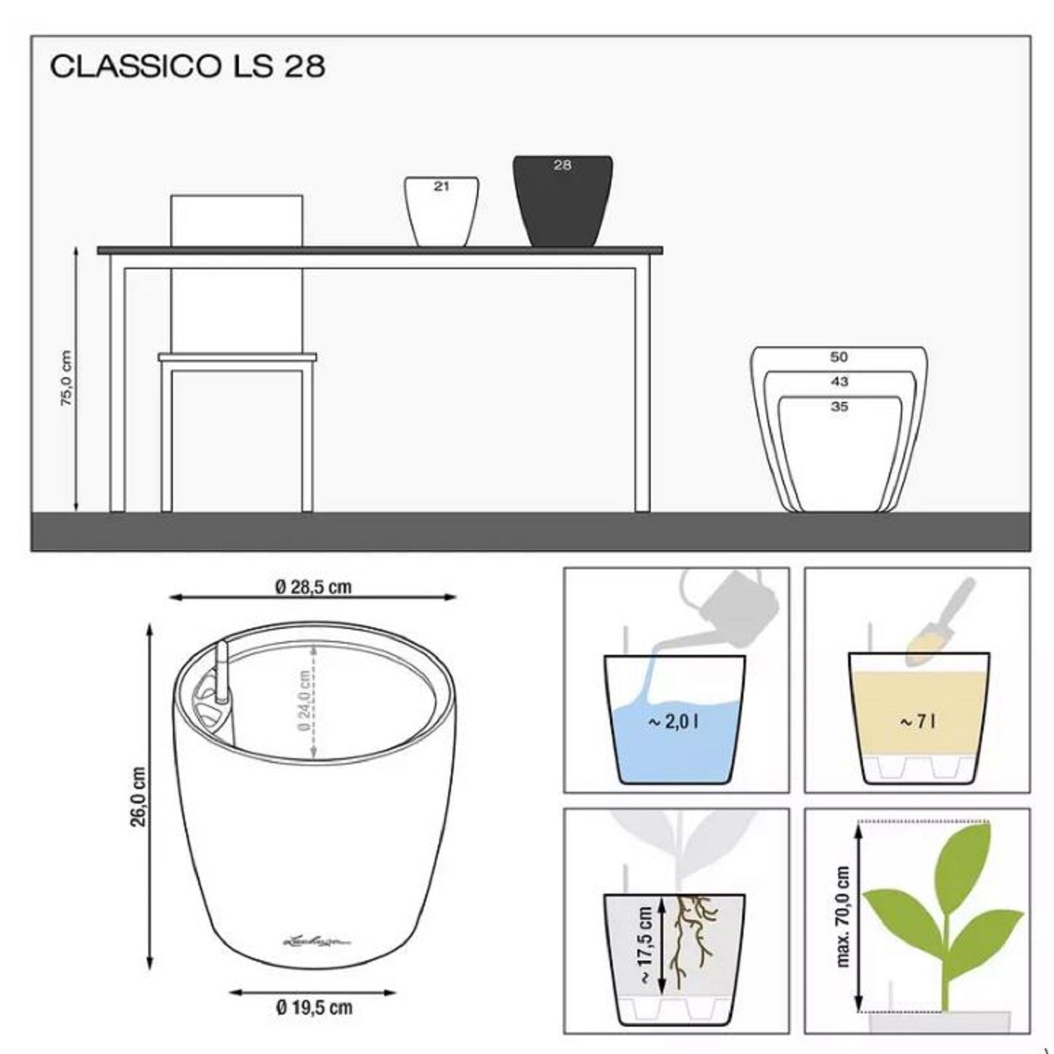 Lechuza® Blumentopf Classico Color LS 28 weiß (Komplettset)