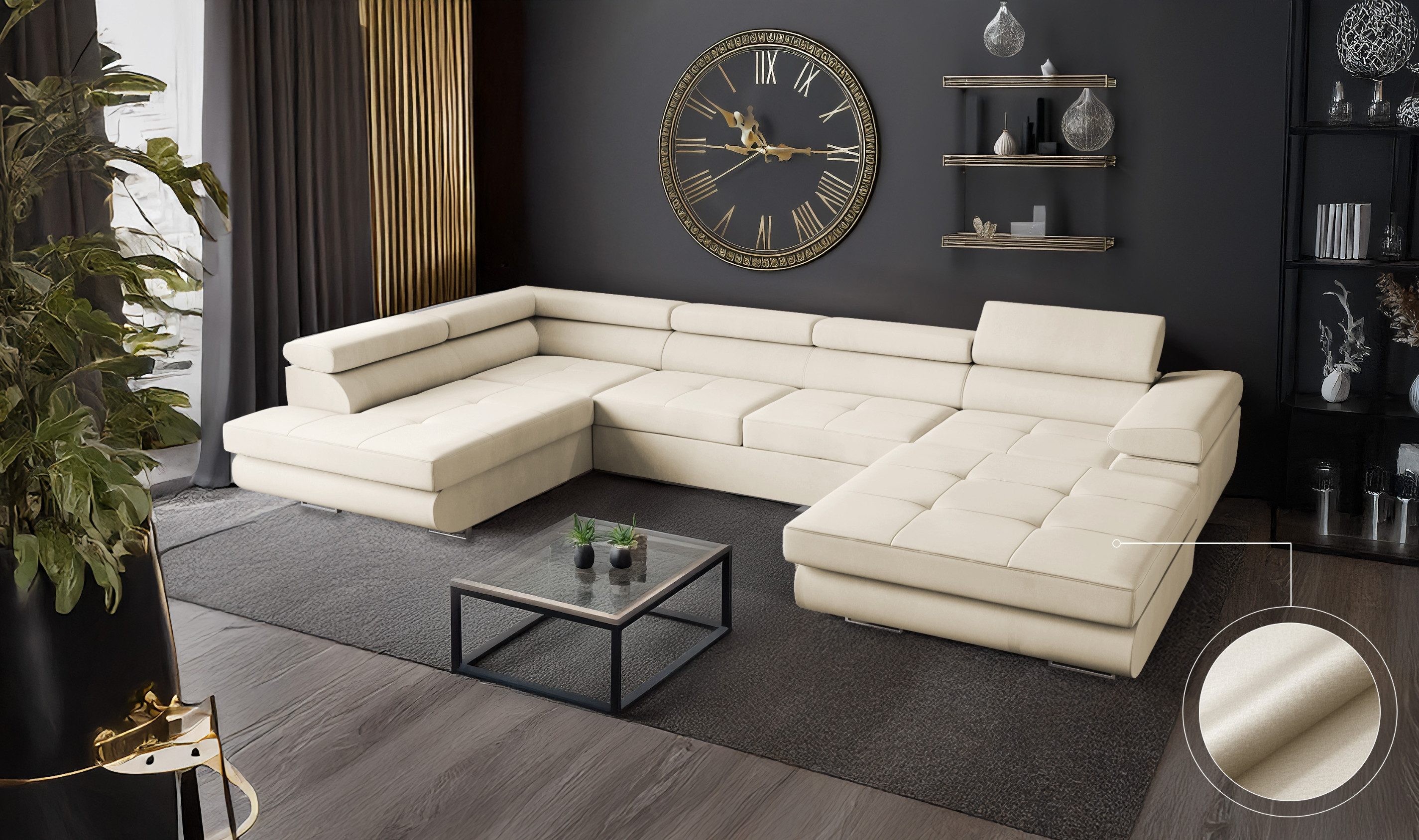 Goldstoff Wohnlandschaft mit Schlaffunktion, Couch für Wohnzimmer - Schlafs günstig online kaufen