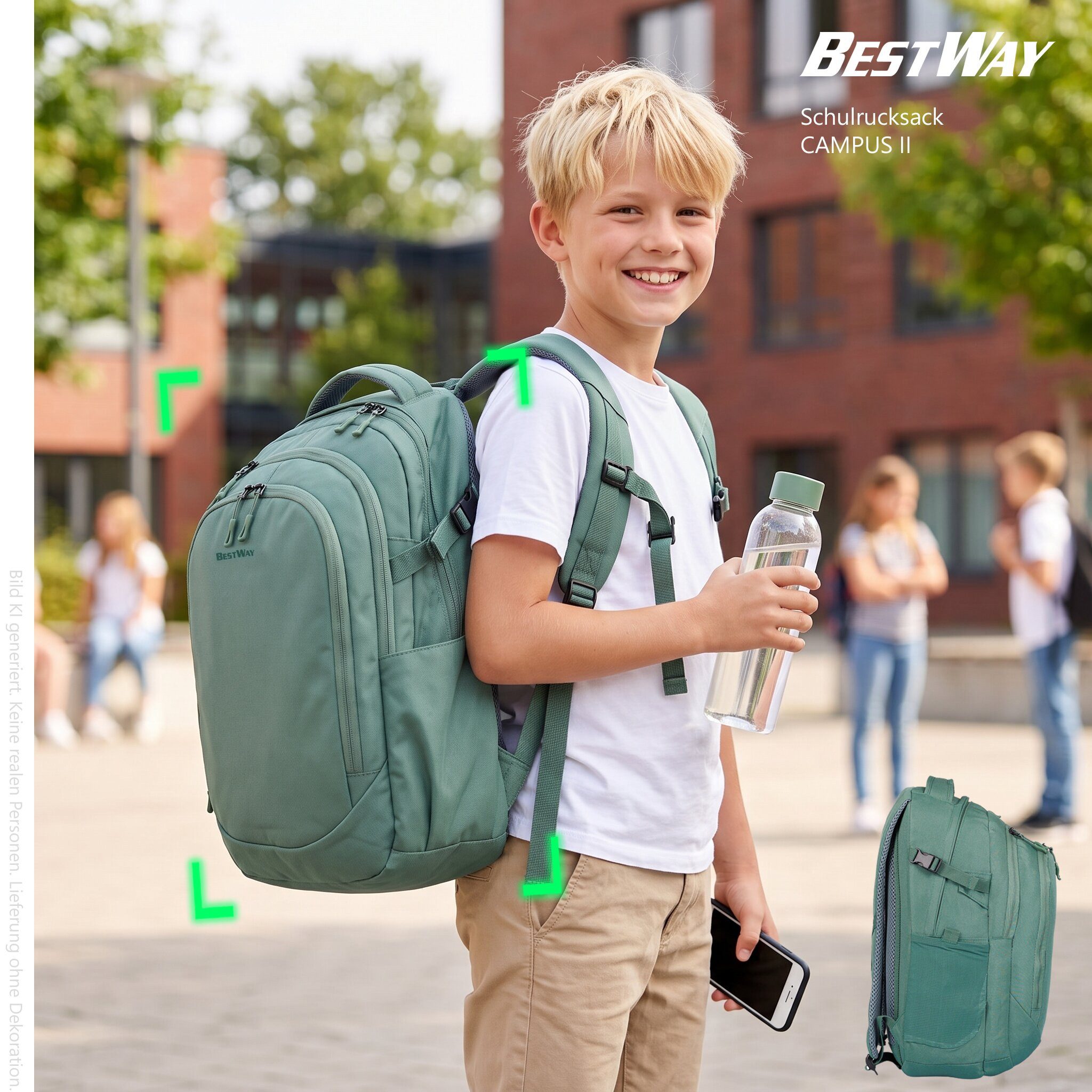 BESTWAY Schulrucksack Mädchen Jungen Schultasche Schulmappe Solid (Set, 3 Teile Set: Rucksack + Mäppchen + Stifte Set 31 tlg), Schulrucksackset Mappe Campus Evo 3 Teile Set 40352 rmv