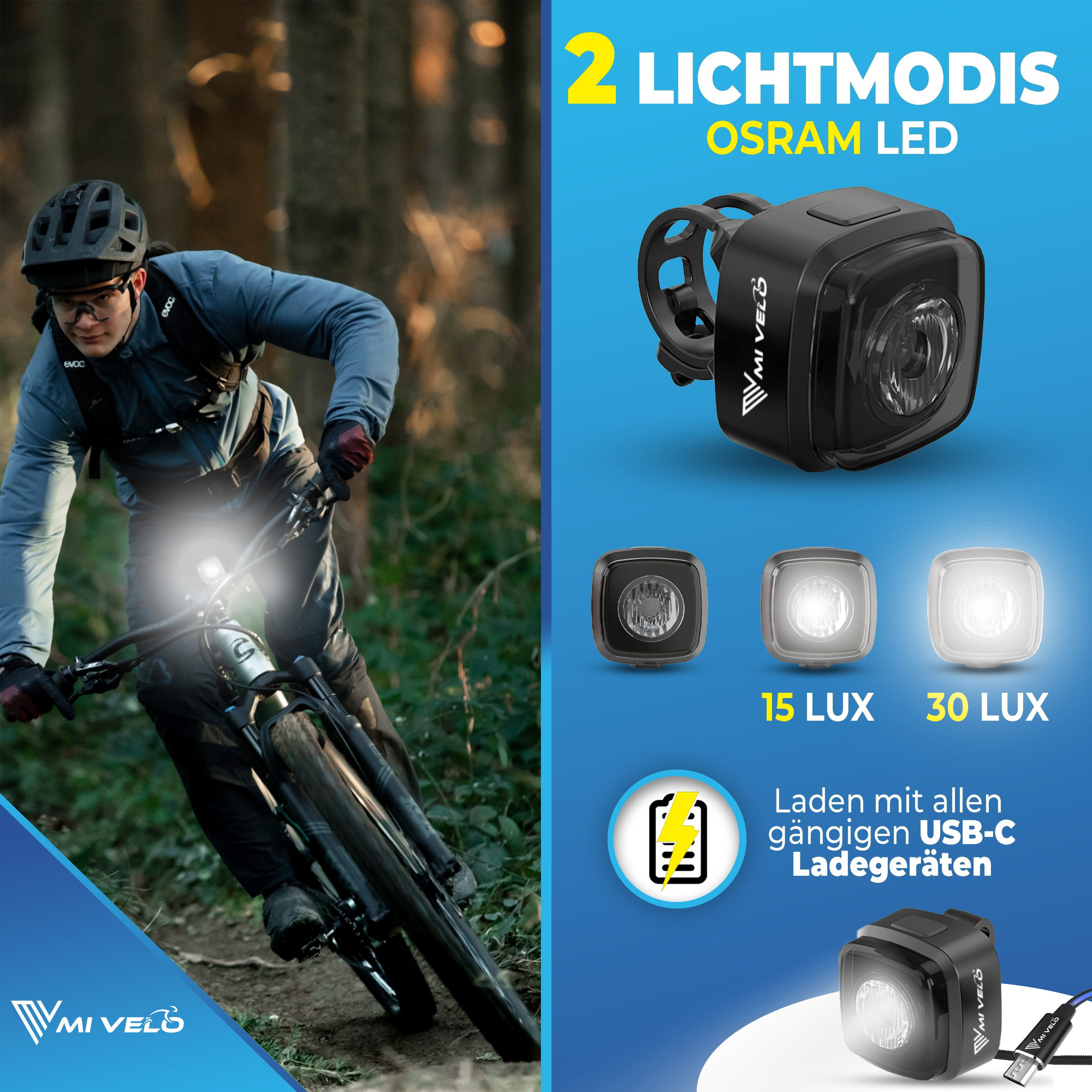MIVELO Fahrradbeleuchtung MiVelo COB Pro Fahrradlicht LED Set – Frontlicht, Rücklicht oder Set, StVZO zugelassen, Rücklicht mit Bremsfunktion wählbar – Bild 3 von 5