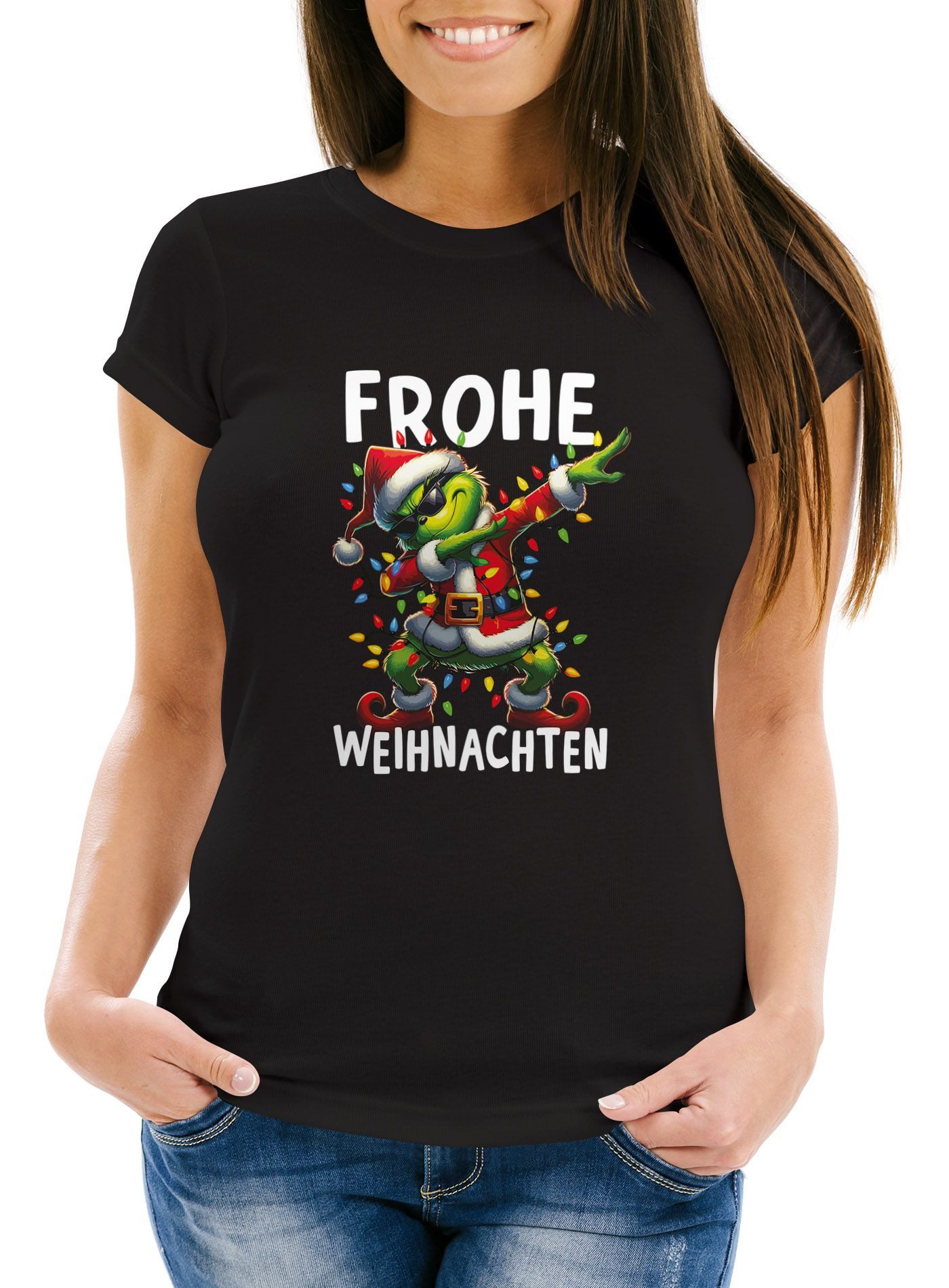 Print-Shirt Weihnachtsshirt Damen T-Shirt Frohe Weihnachten Lustig Grinch Dab