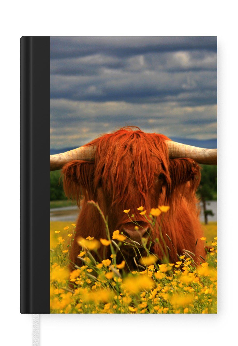 MuchoWow Notizbuch Schottischer Highlander - Tiere - Blumen, Journal, Merkzettel, Tagebuch, Notizheft, A5, 98 Seiten, Haushaltsbuch