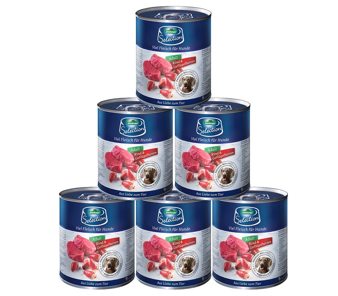 Dehner Premium Adult, versch. Sorten, 6 x 800 g Dose, getreidefrei Rind, Nassfutter für: Hunde, Nassfutter für ausgewachsene Hunde
