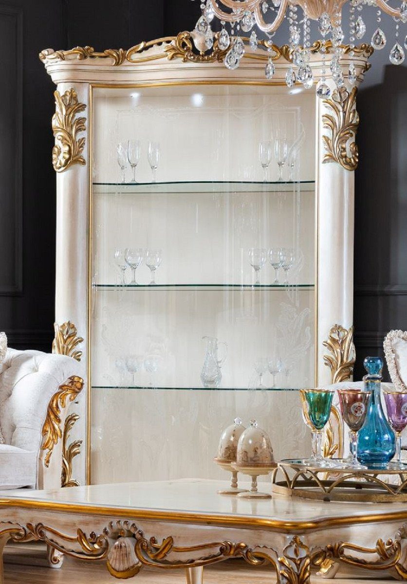 Barock Vitrine Barock Massivholz - Glastür Beige Vitrine / Handgefertigter Padrino / Casa - Luxus Vitrinenschrank Weiß Möbel mit Gold
