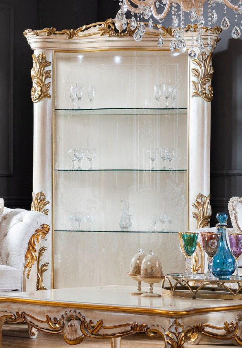 Casa Padrino Vitrine Luxus Barock Vitrine Weiß / Beige / Gold - Handgefertigter Massivholz Vitrinenschrank mit Glastür - Barock Möbel