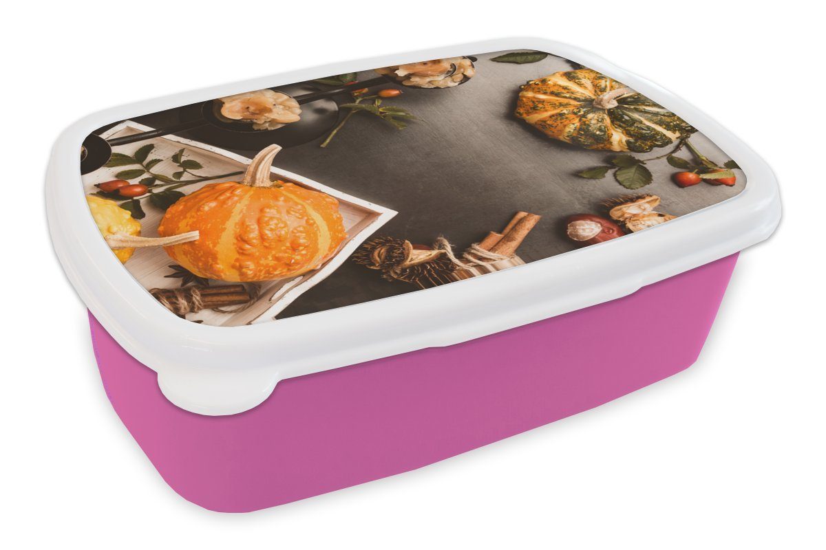 MuchoWow Lunchbox Herbst - Kürbis - Tisch, Kunststoff, (2-tlg), Brotbox für Erwachsene, Brotdose Kinder, Snackbox, Mädchen, Kunststoff rosa