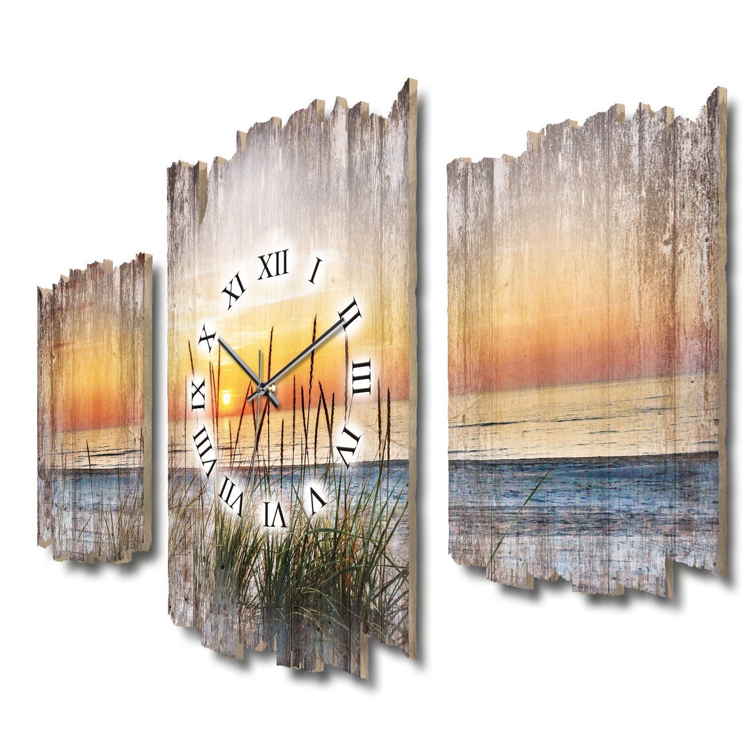 Kreative Feder Wanduhr 3-teilige DESIGNER-Wanduhr „Sonnenuntergang“ günstig online kaufen