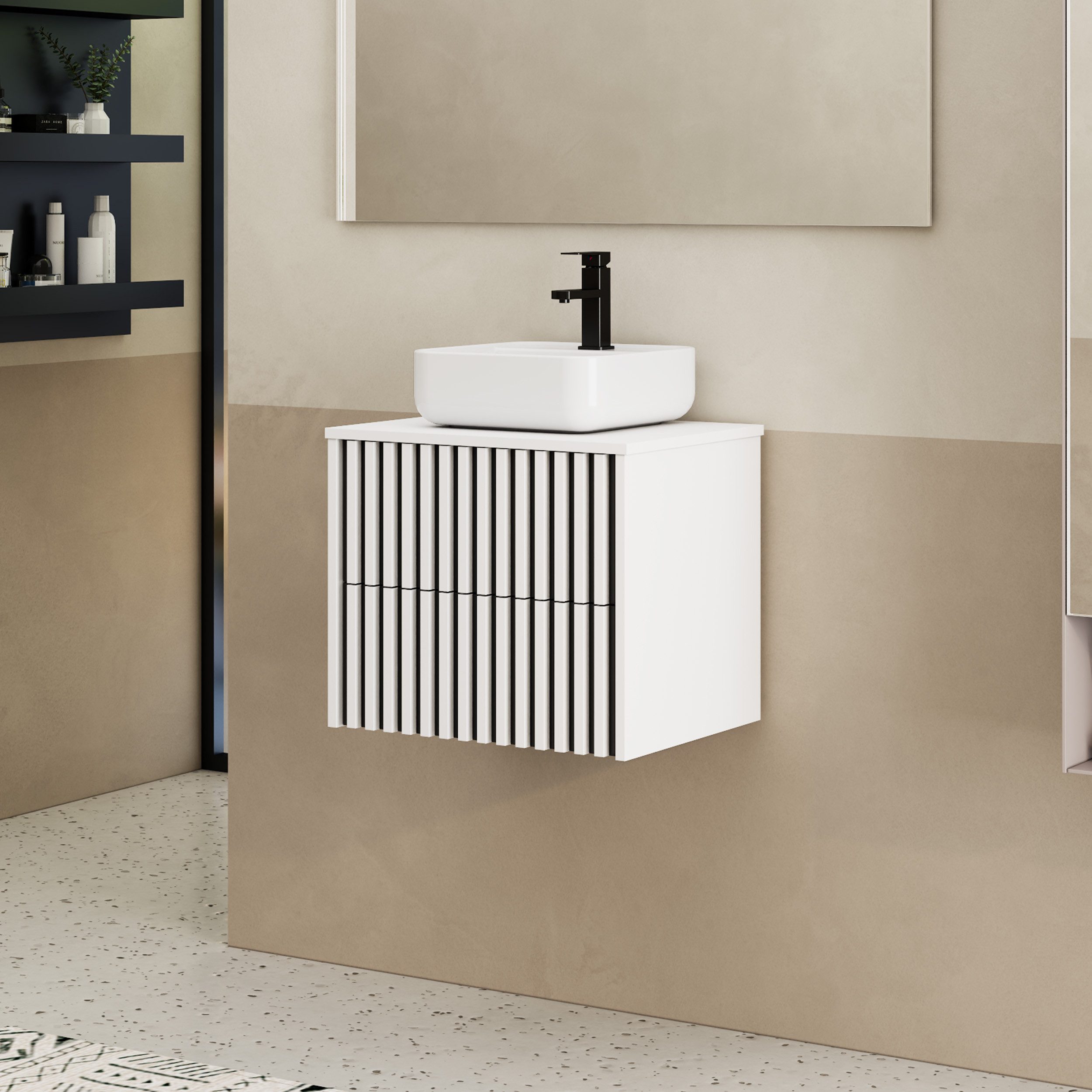 UEV Waschtisch mit Unterschrank hängend Rechteckiges Keramikwaschbecken (Komplett-Set Badmöbel, Badezimmmer Schrank, mit Wasserhahn und Pop-up-Ablassventil Aufsatz-Waschbecken), Soft-close Schubladen,Waschbeckenunterschrank mit 2 Schubladen