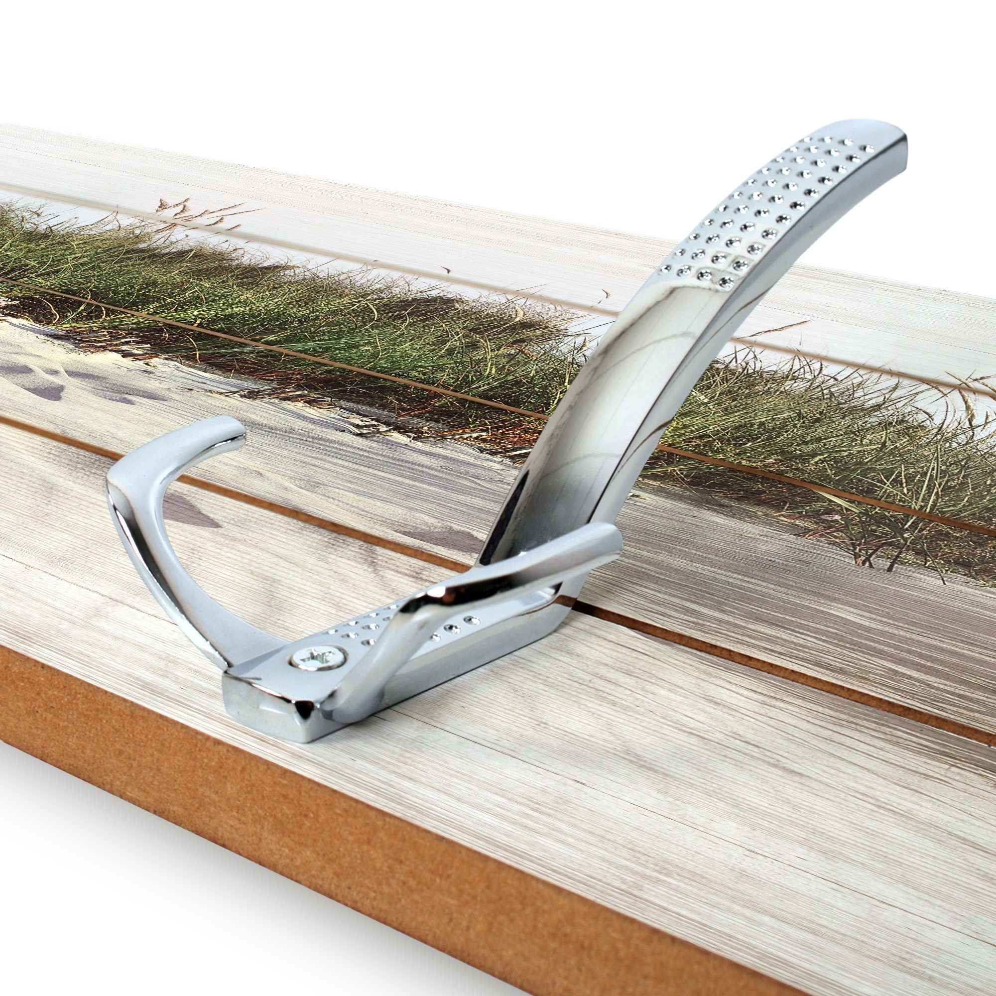 Kreative Feder Wandgarderobe Wandgarderobe "Strand" aus Holz, im Shabby-Chic-Design farbig bedruckt ca. 30x100cm 4 Doppel-Haken