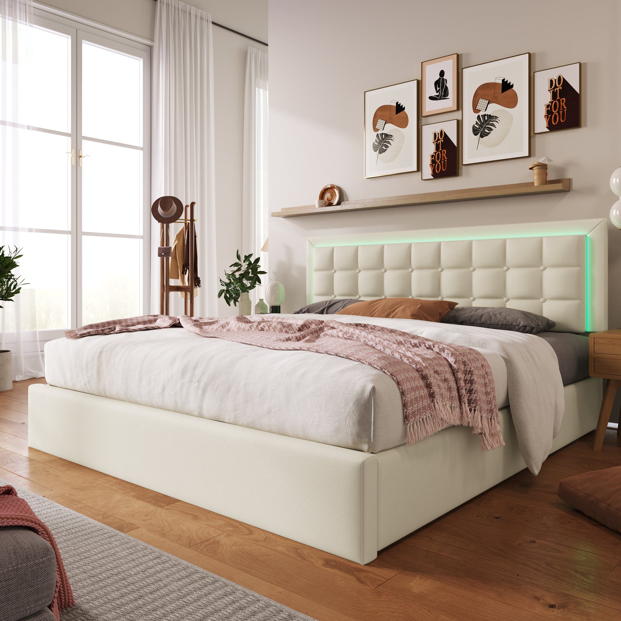 Flieks Stauraumbett (1-tlg), LED-Beleuchtung Kunstleder Doppelbett 140x200cm