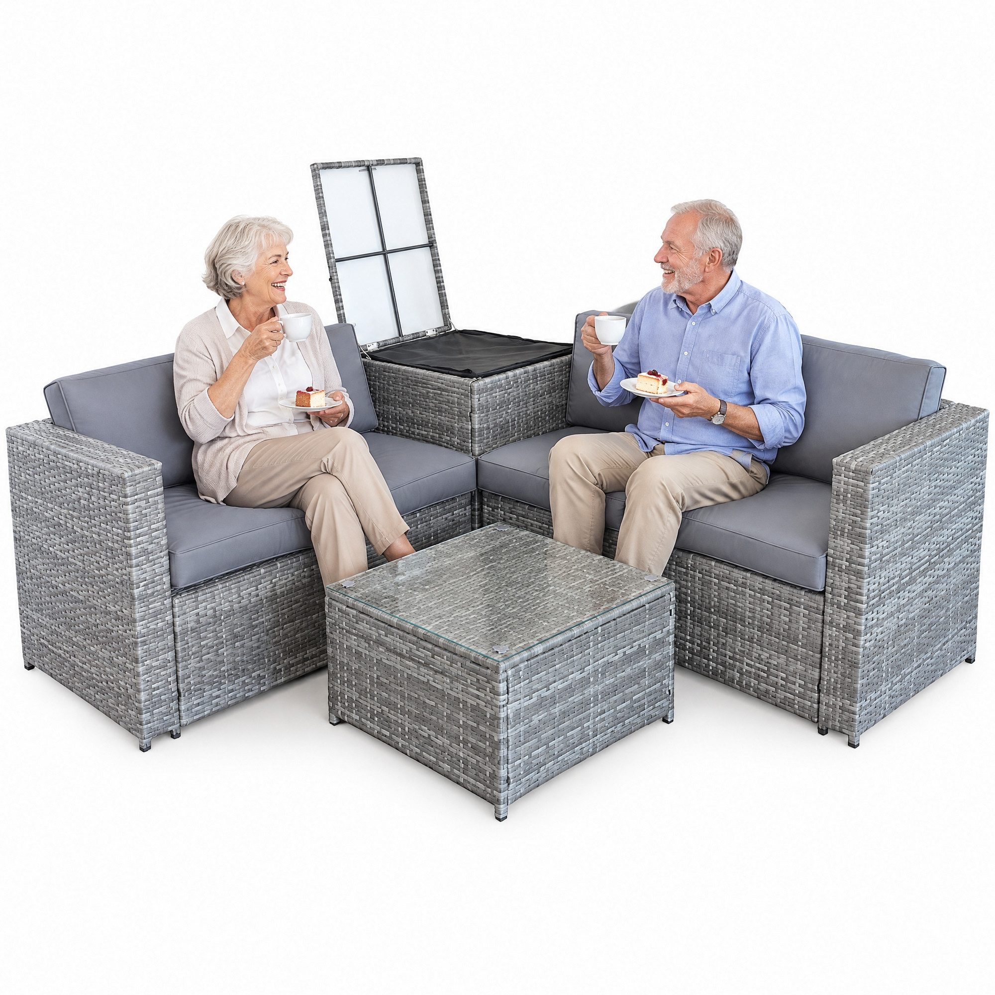Melko Gartenlounge-Set Rattanlounge + Tisch und Kissenbox Garten Sofa Lounge Gartenmöbel, (Set), Sicherheitsglasplatte