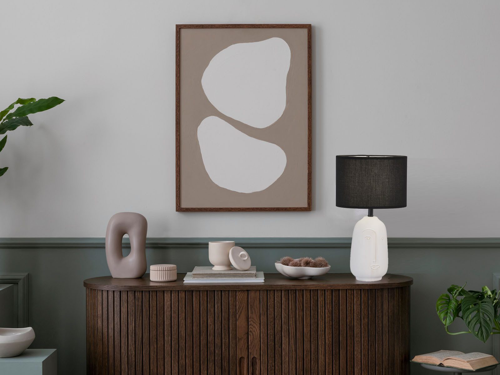 FISCHER & HONSEL LED Nachttischlampe, Leuchtmittel dimmbar, LED wechselbar, Warmweiß, Designer Lampenfuß Keramik ausgefallen, Leinen Lampenschirm, 39cm groß