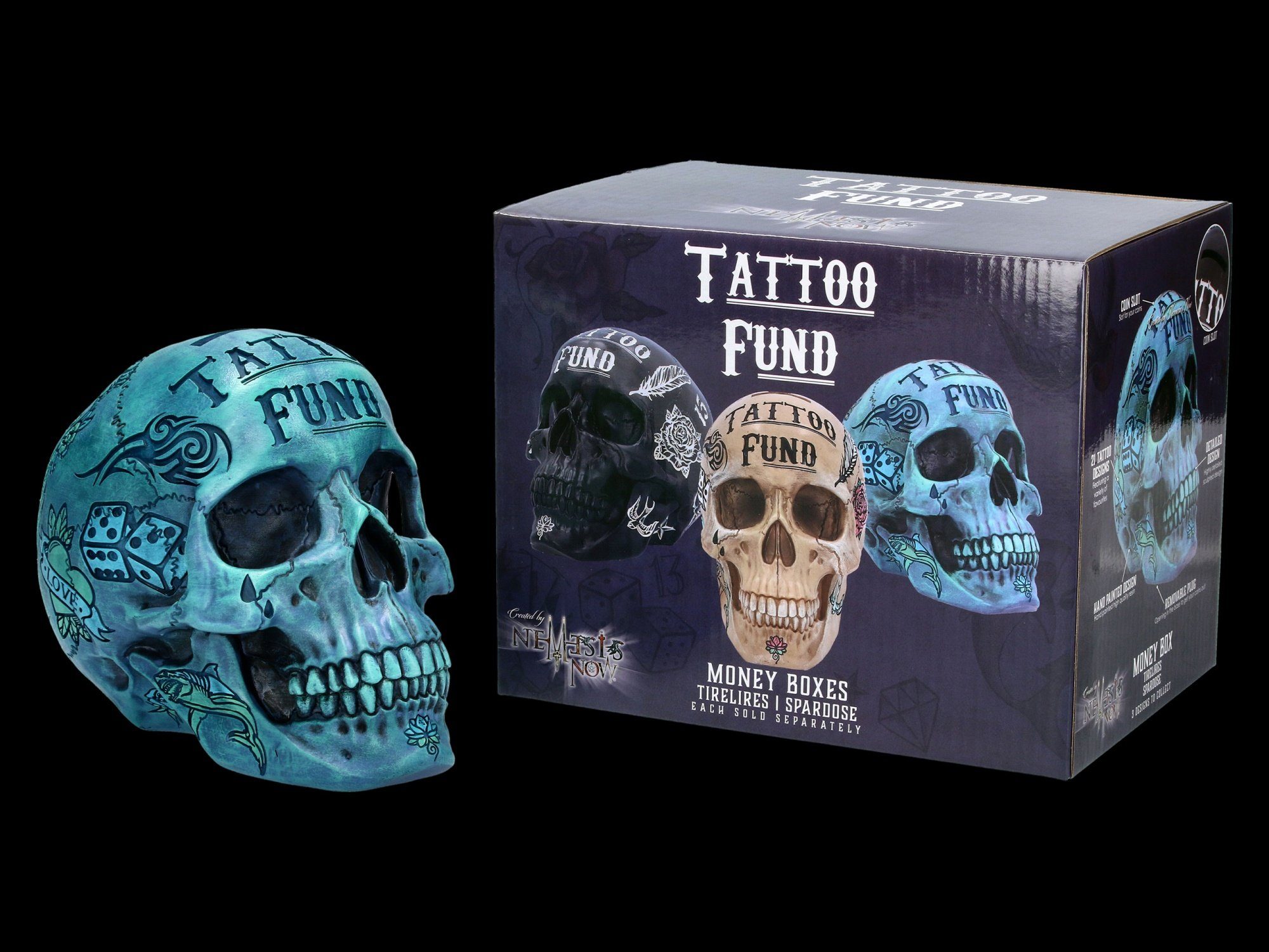 Figuren Shop GmbH Spardose Totenkopf - Tattoo Spardose - blau - Nemesis Now Gothic