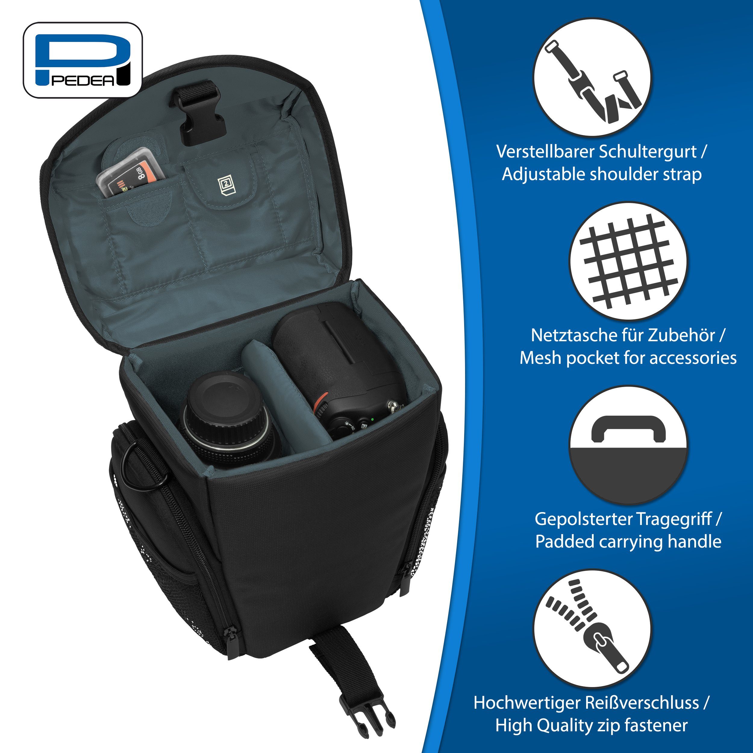 PEDEA Kameratasche ESSEX L Fototasche für Spiegelreflexkamera DSLR SLR, Größe L / mit wasserdichtem Regenschutz und Tragegurt