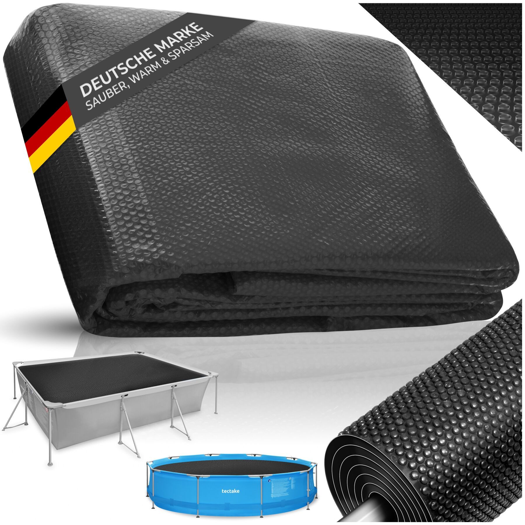 tectake Pool-Abdeckplane Solorientalischdeckung - leichte, zuschneidbare Schutzfolie (Poolabdeckung, in schwarz), Effiziente Wassererwärmung durch Solarfolie