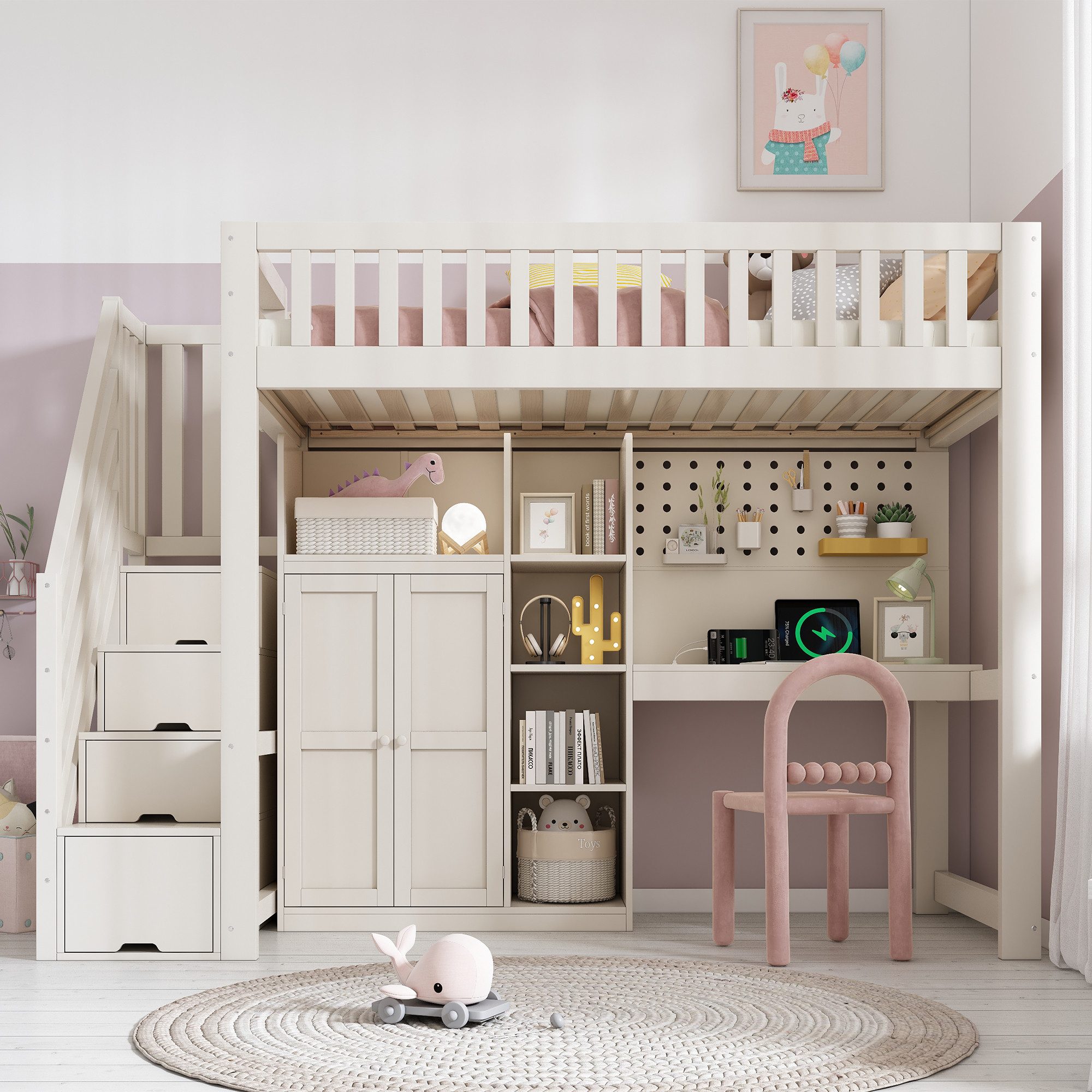 REDOM Hochbett Bett 90x200 cm mit Schreibtisch & Schrank, Weiß (Packung, 1-St., Platzsparende All-in-One-Lösung mit Regalen) USB-C, Lattenrost, Leiter- & Kleiderschrank(ohne Matratze)