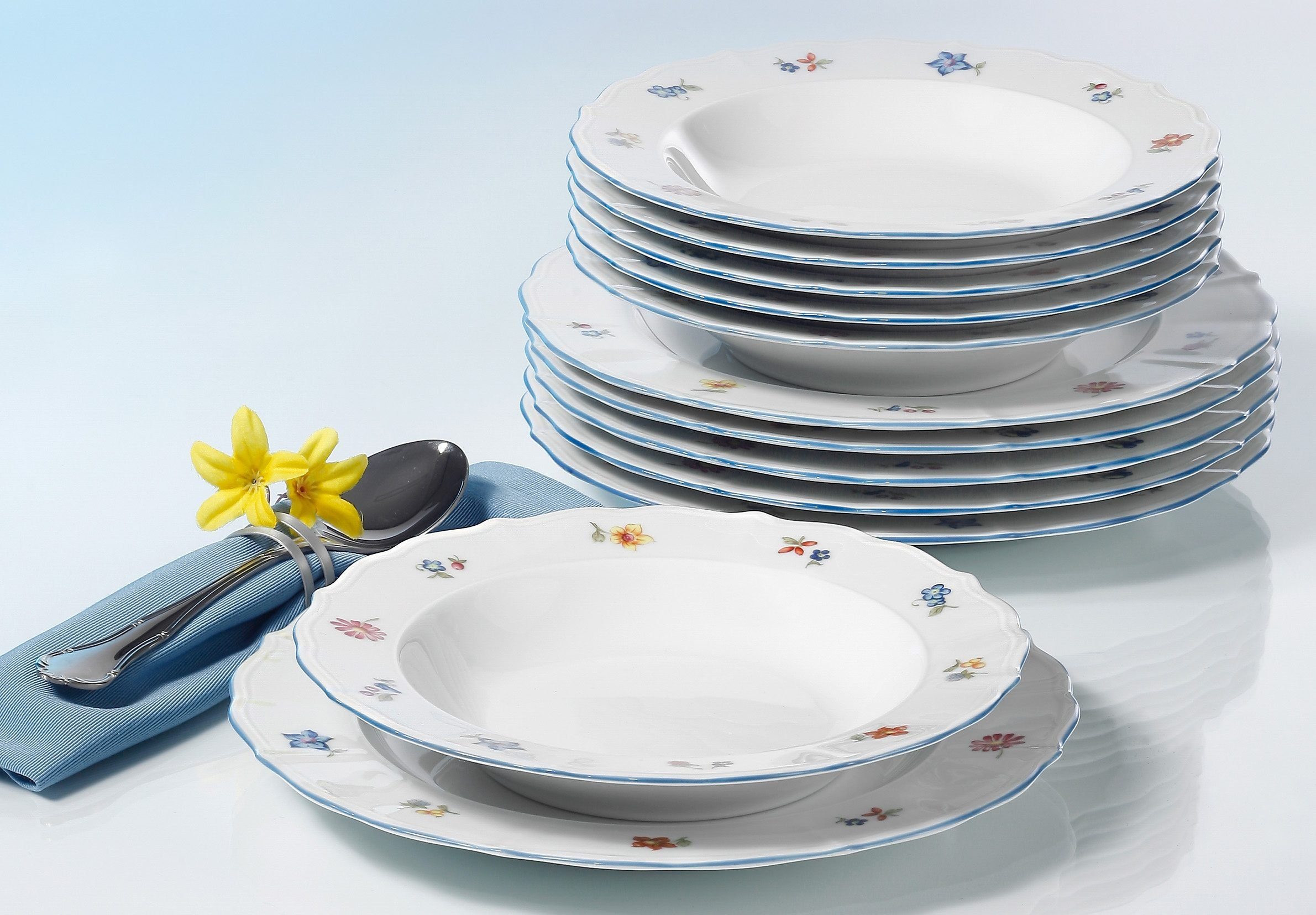 Seltmann Weiden Tafelservice Teller Set, Geschirr-Set Sonate Streublume (12- tlg), 6 Personen, Porzellan, Made in Germany, 12 Teile, für 6 Personen,  Spülmaschinenfest,Mikrowellengeeignet,Backofenfest | Kombiservice