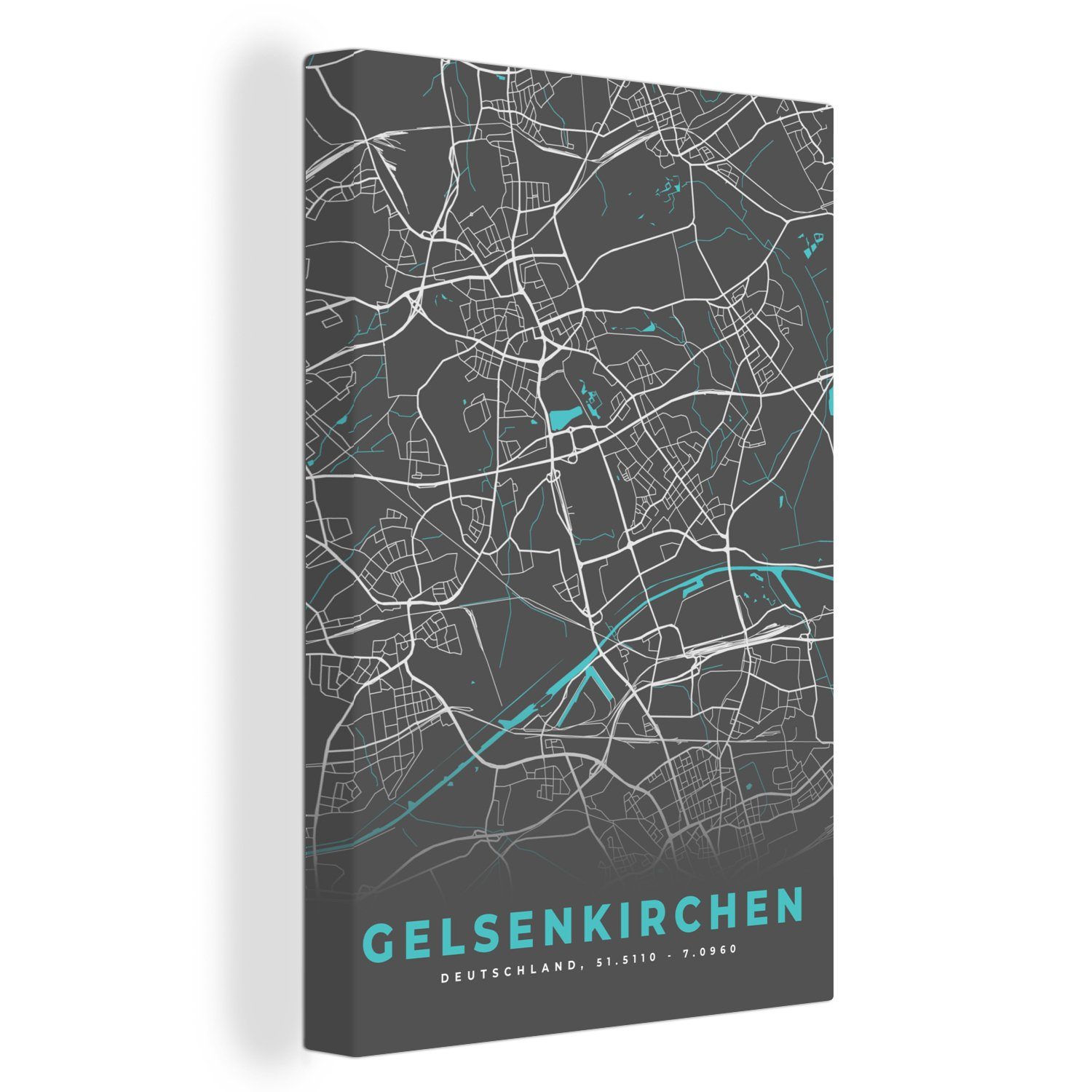 OneMillionCanvasses® Leinwandbild Deutschland - Blau - Gelsenkirchen - Stadtplan - Karte, (1 St), Leinwandbild fertig bespannt inkl. Zackenaufhänger, Gemälde, 20x30 cm