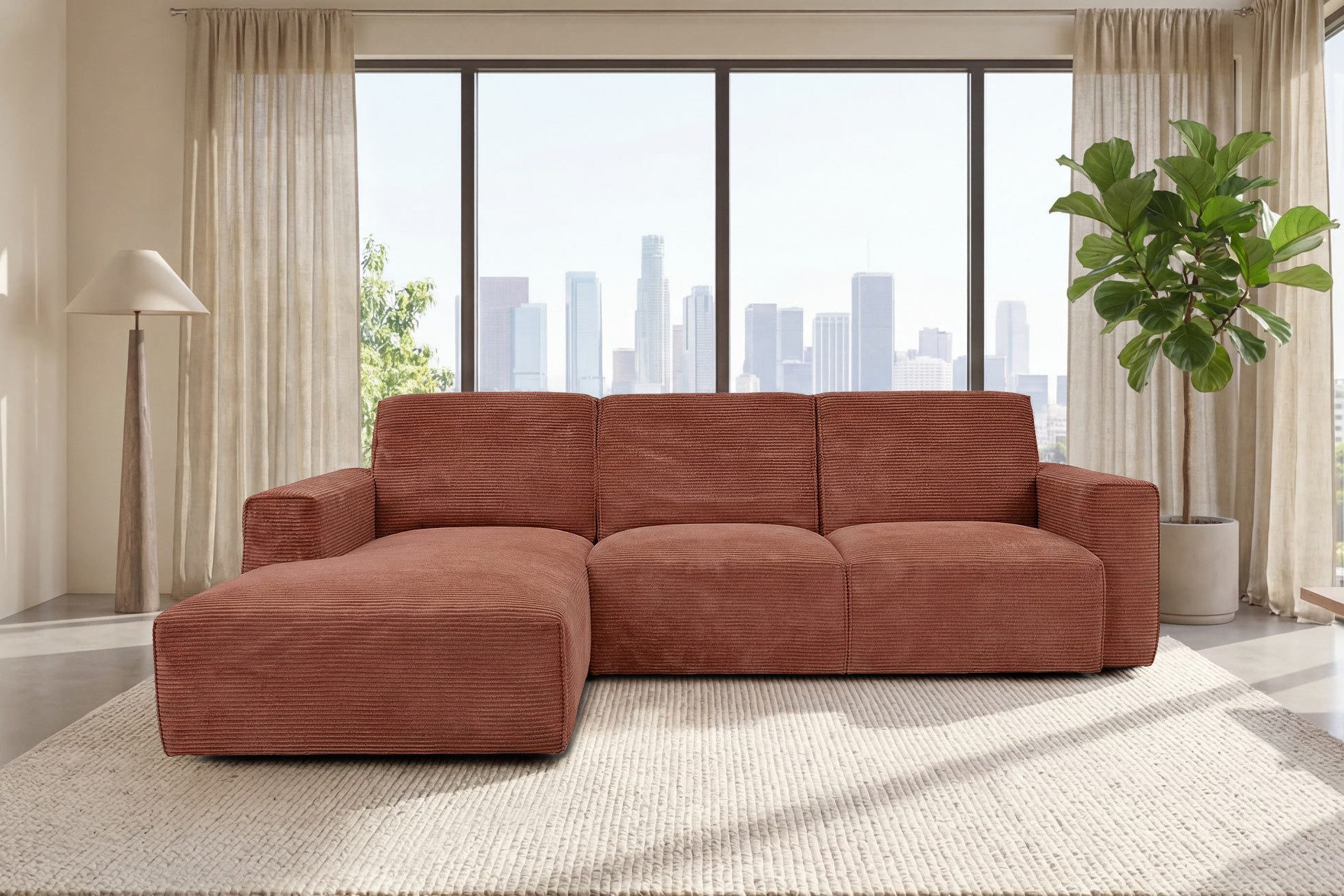 Hygger Möbelhaus Ecksofa Rio Ecksofa L-Form Cord XXL Big Sofa Wohnzimmer Modern, Wellenunterfederung, Cordstoff 90000 Scheuertouren, Made in Europe, Polsterecke L Form inkl. Ottomane Couch Groß Bequem Design