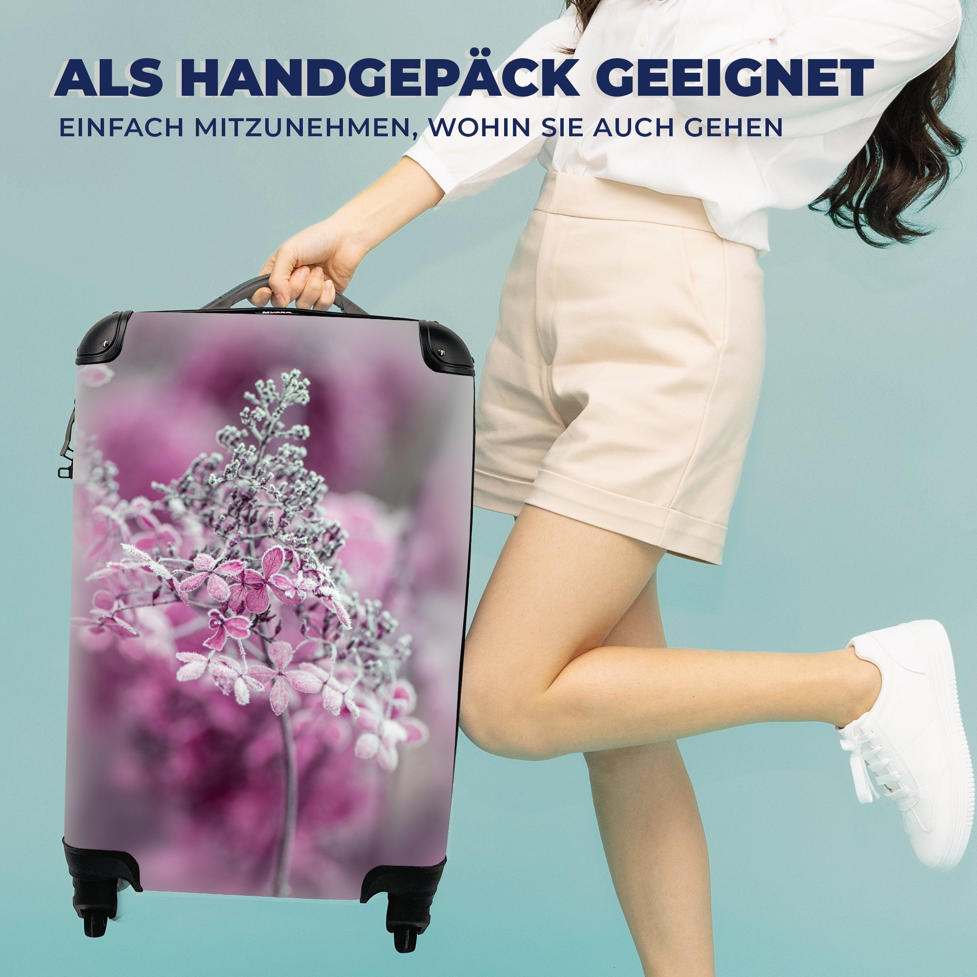 Rollen, Handgepäck gefrorenen 4 mit Nahaufnahme rollen, Trolley, Hortensienblüten, Reisetasche für Reisekoffer Handgepäckkoffer Ferien, MuchoWow von