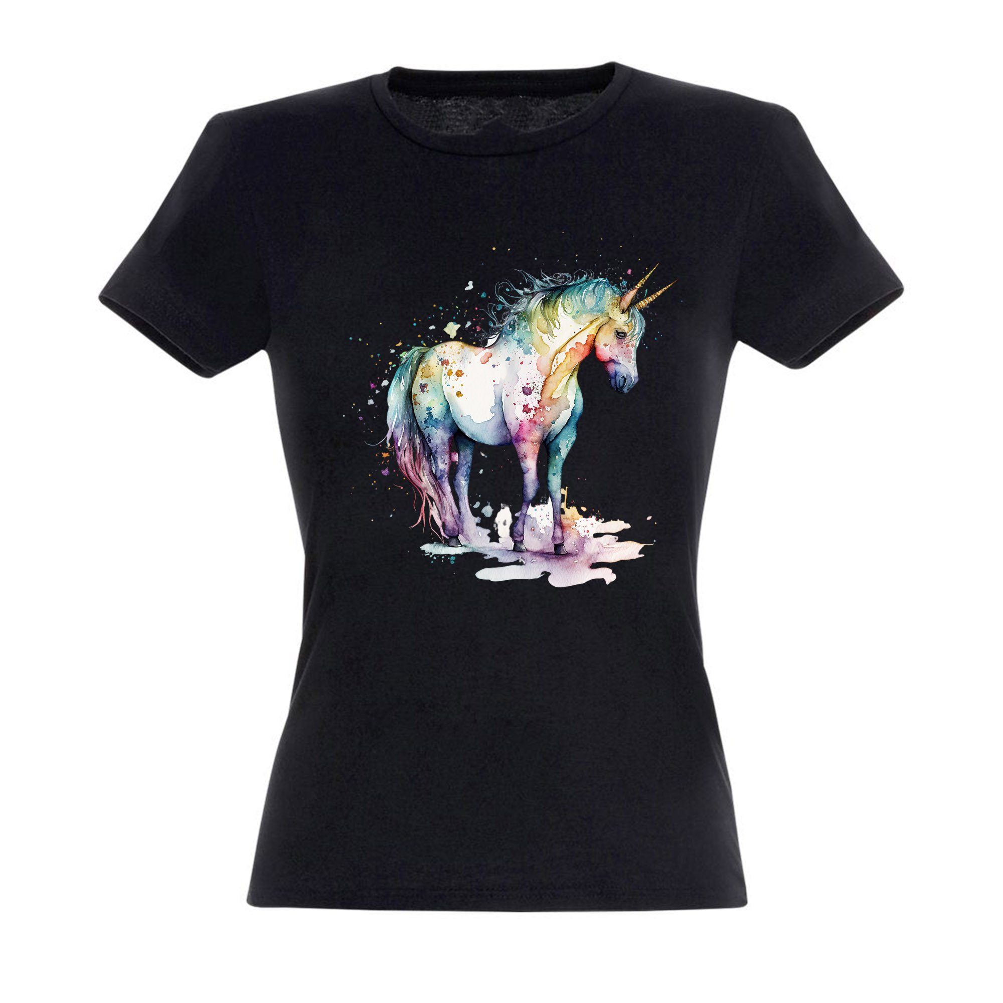 Banco Print-Shirt aus Unicorn Schwarz Magic Baumwolle Banco 100% T-Shirt hochwertigen mit Druck