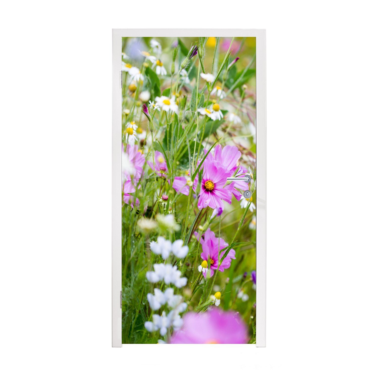 MuchoWow Türtapete Blumen - Natur - Grün - Gras - Lila - Weiß, Matt, bedruckt, (1 St), Fototapete für Tür, Türaufkleber, 75x205 cm