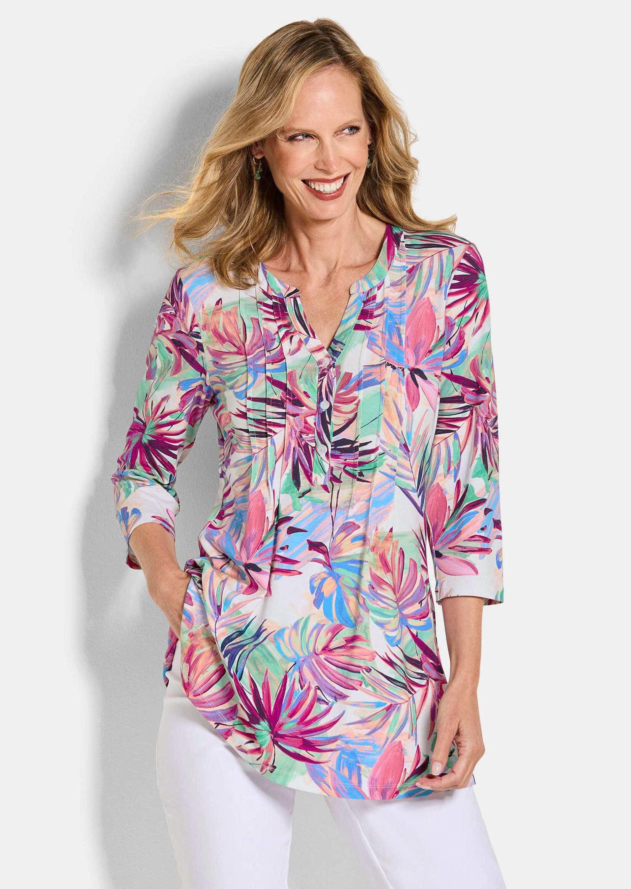 GOLDNER Tunika Sommertunika mit Palmenmuster Viskosebluse mit V-Ausschnitt, günstig online kaufen