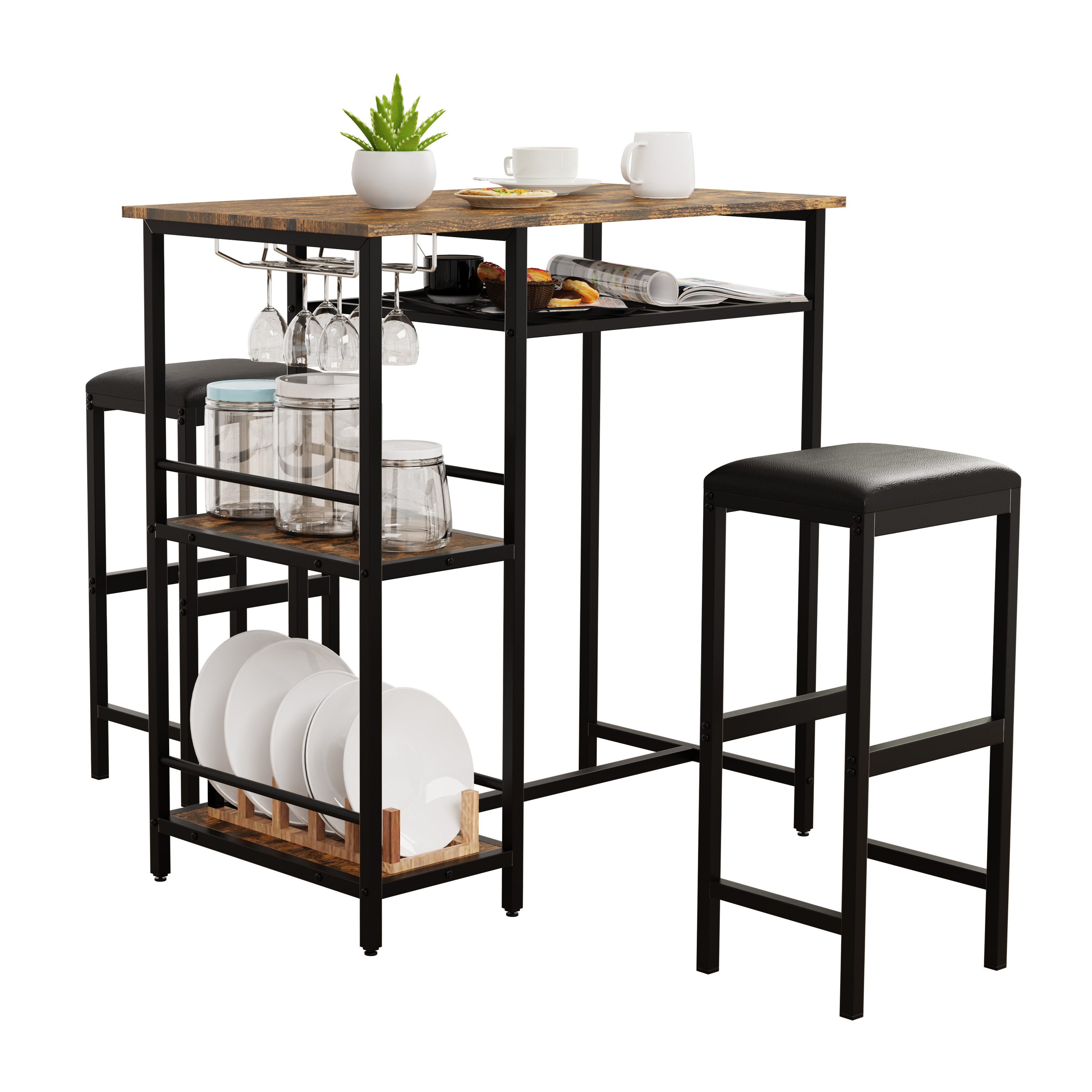 VCM Bartisch Kolari 93x90x50cm, 3 tlg. Set, Bistrotisch Bockerhocker, Tresen