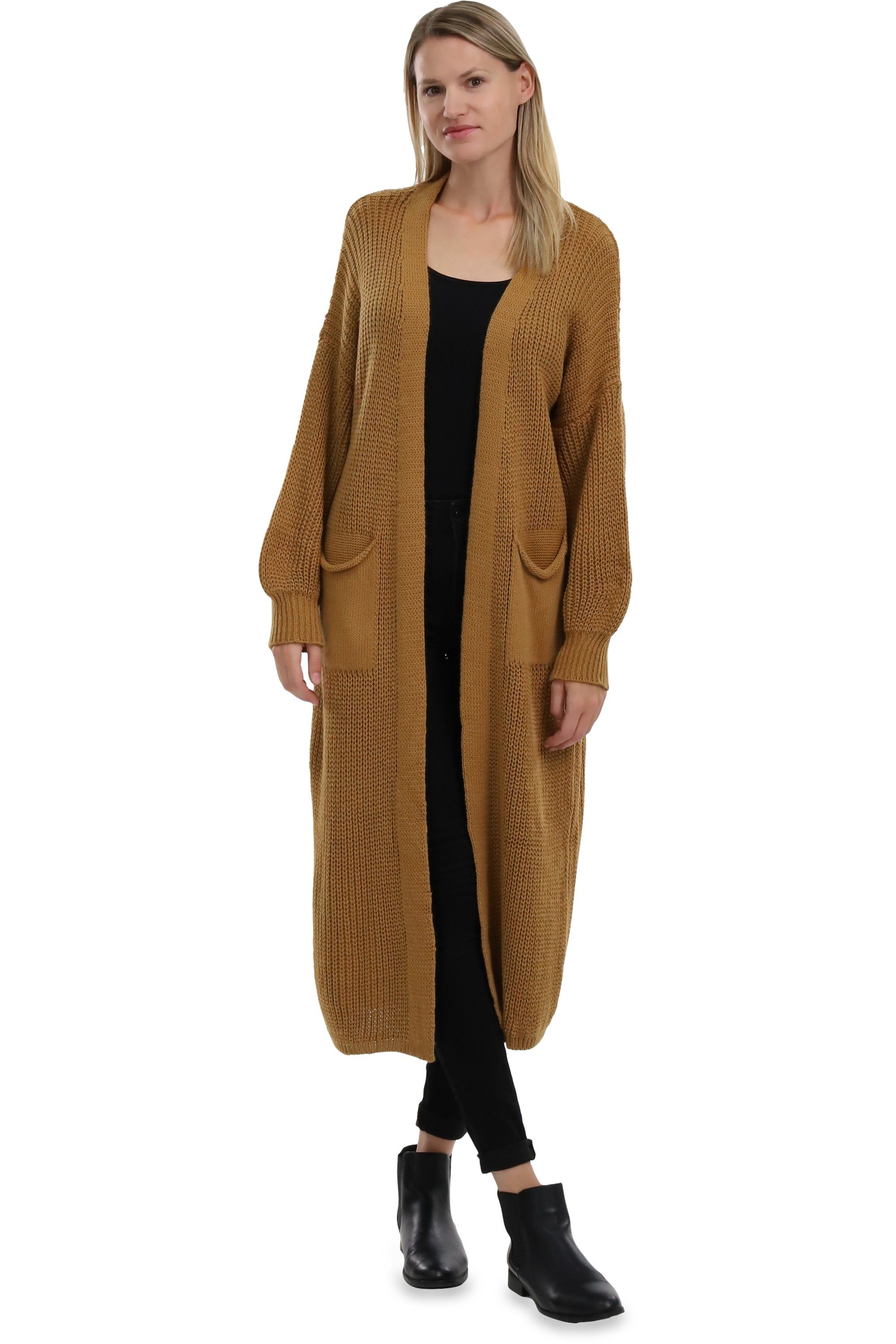 malito more than fashion Longstrickjacke malito Damen Strickmantel, schicker Cardigan, moderne Wollmantel, offene lange Strickjacke in Grobstrick-Optik