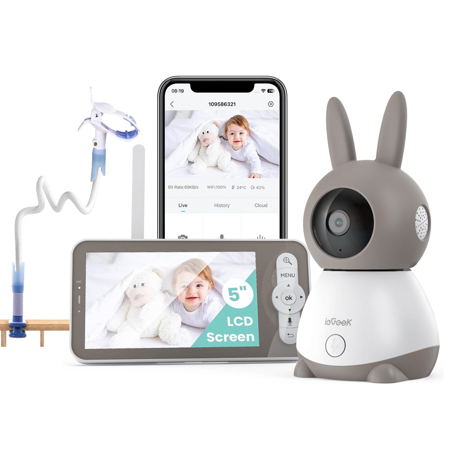 Video-Babyphone 2K 3MP WLAN Babyfon Video 5" Baby Monitor with Kamera und APP