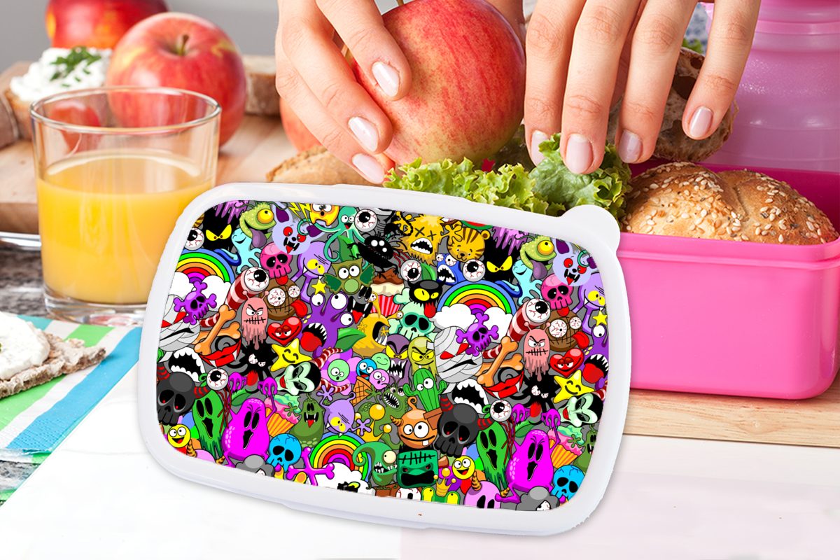 Lunchbox Teenager Mädchen, - Kinder, Kritzeln Erwachsene, Monster Muster, Brotdose Brotbox rosa Kunststoff, Snackbox, MuchoWow Kunststoff für (2-tlg), - -