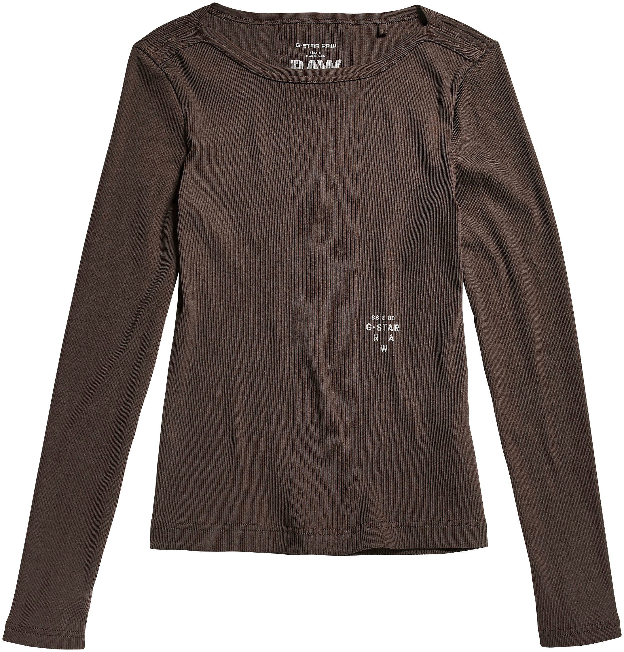 G-Star RAW Langarmshirt Longsleeve Slim in mit boatneck vorne Rippoptik rib kleinem chocolat Logodruck