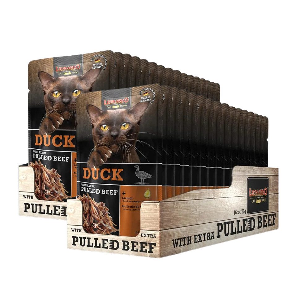 Leonardo Catfood Duck with extra pulled Beef - saftiges Entenpaté mit Rindfleisch 2x16x70g, Nassfutter für: Katzen