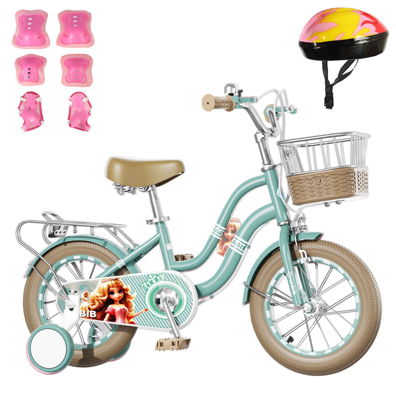 Habib Gruppe Kinderfahrrad Mädchenfahrrad Klassik 12 14 16 Zoll – Helm, Schutzset & Pumpe, Kinderfahrrad Mädchen ab 3 Jahre im Retro-Look mit Korb