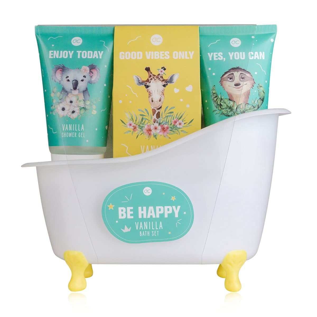 ACCENTRA Pflege-Geschenkbox Badeset "Be happy" Badewanne Geschenkset, 4-tlg., in einer Plastikbadewanne