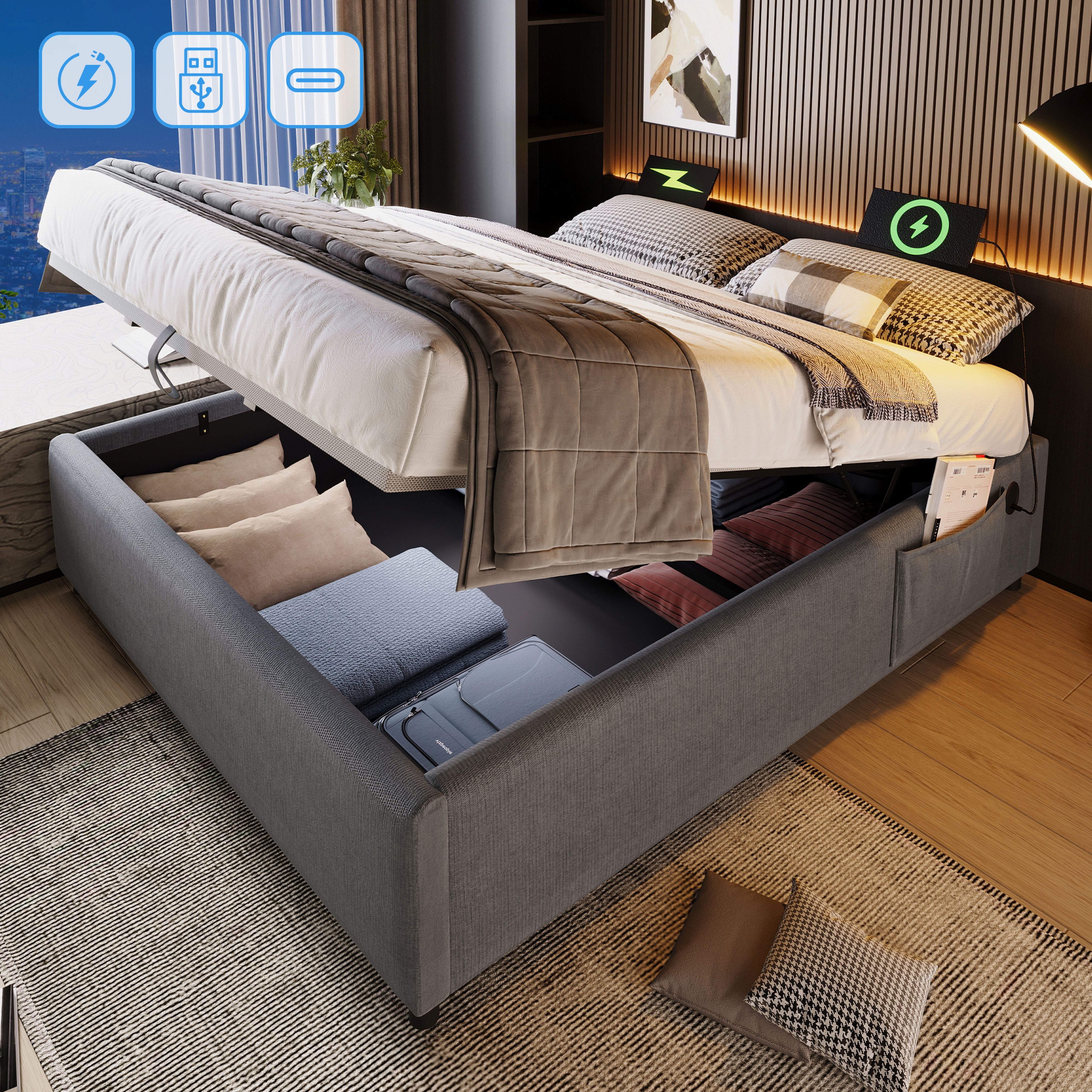 BlingBin Einzelbett Polsterbett (1-tlg., Struraumbett Bettgestell mit USB- C und Vollflächiger Lattenrost), 140×200 cm, Ohne Kopfteil, Baumwolle