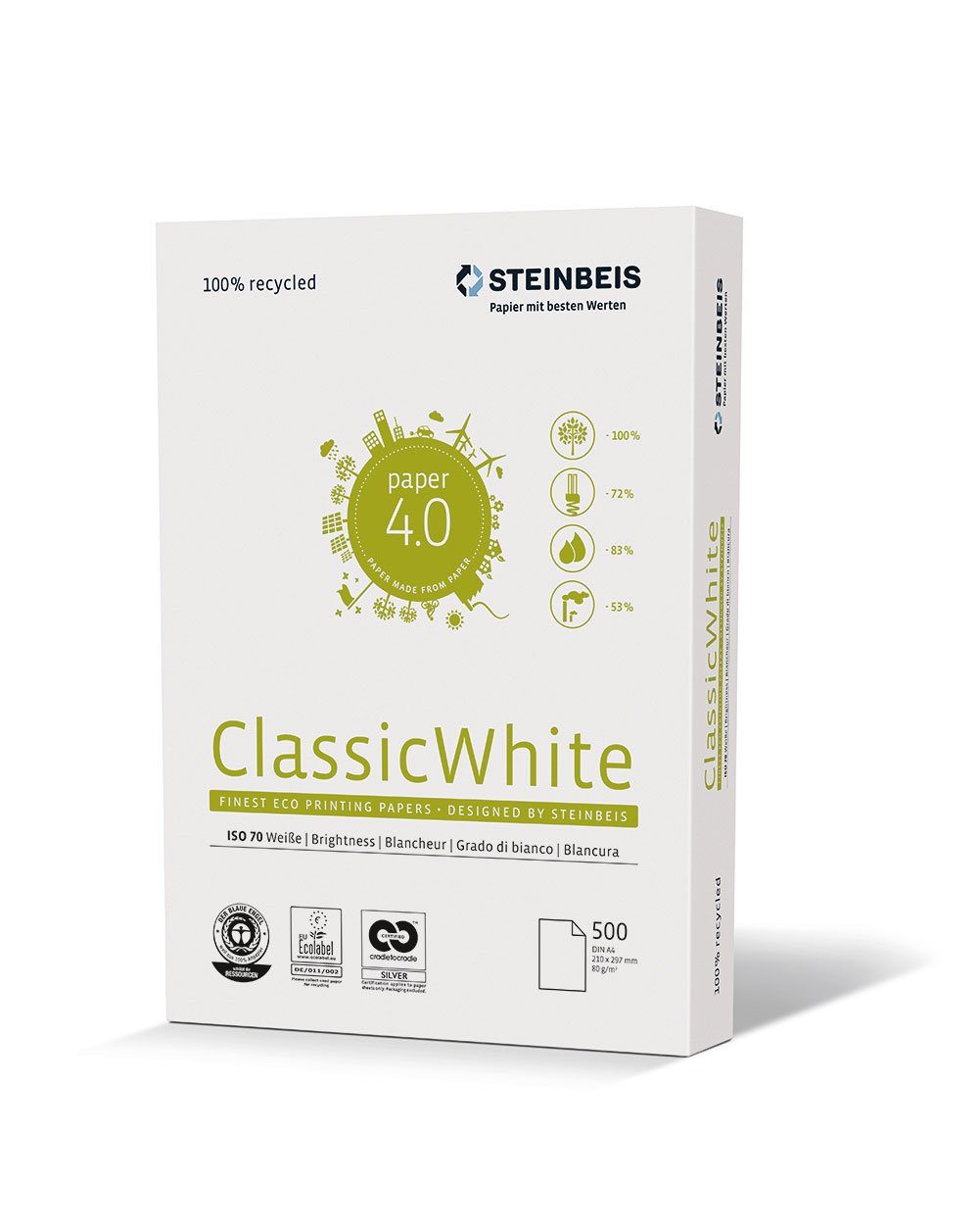STEINBEIS Druckerpapier Steinbeis 5216 500 Blatt White Assic 10 080 A4, 1 weiß, - 00 80g, Cl